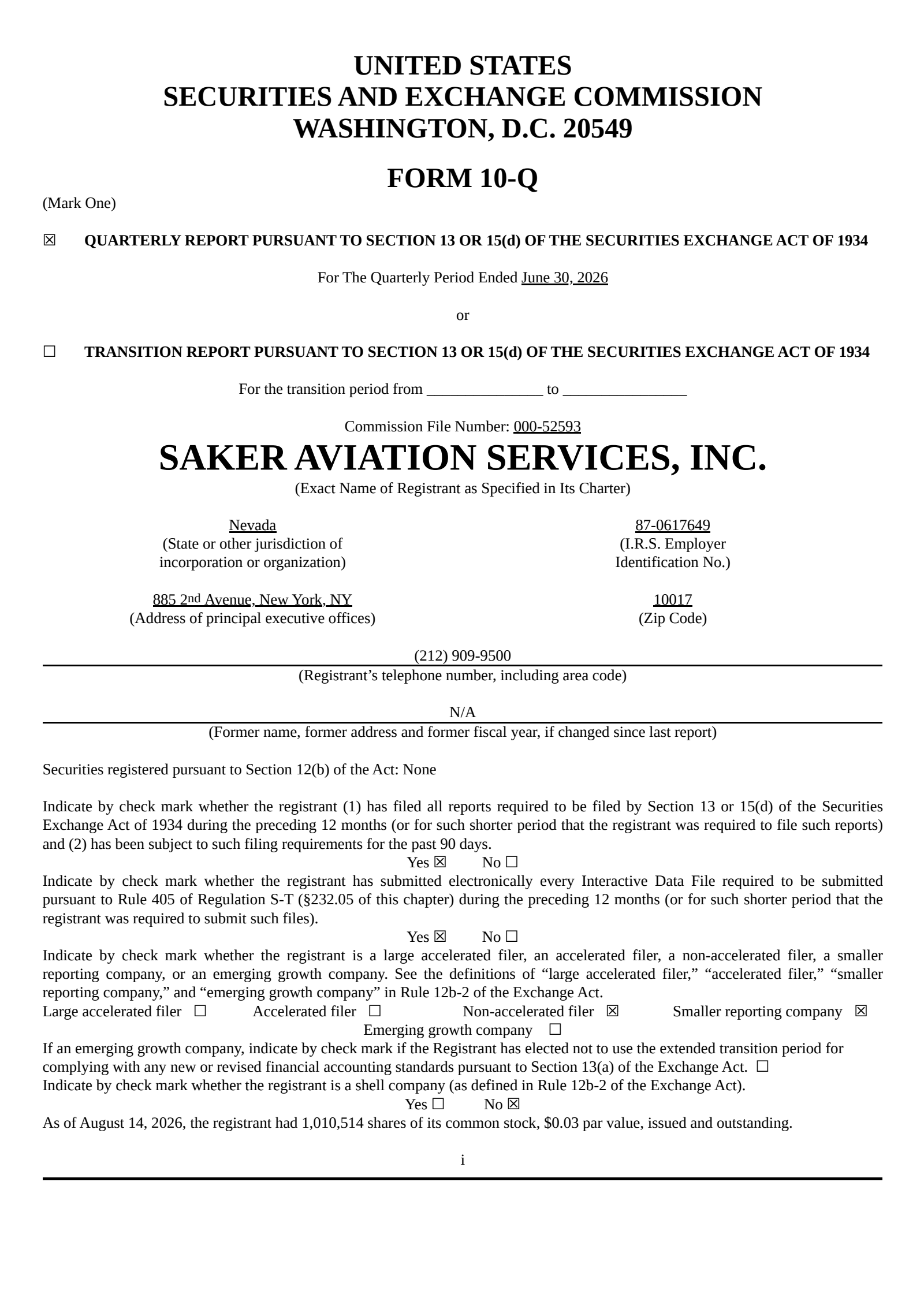 Saker Aviation Services' Q2 2026 Quarterly report