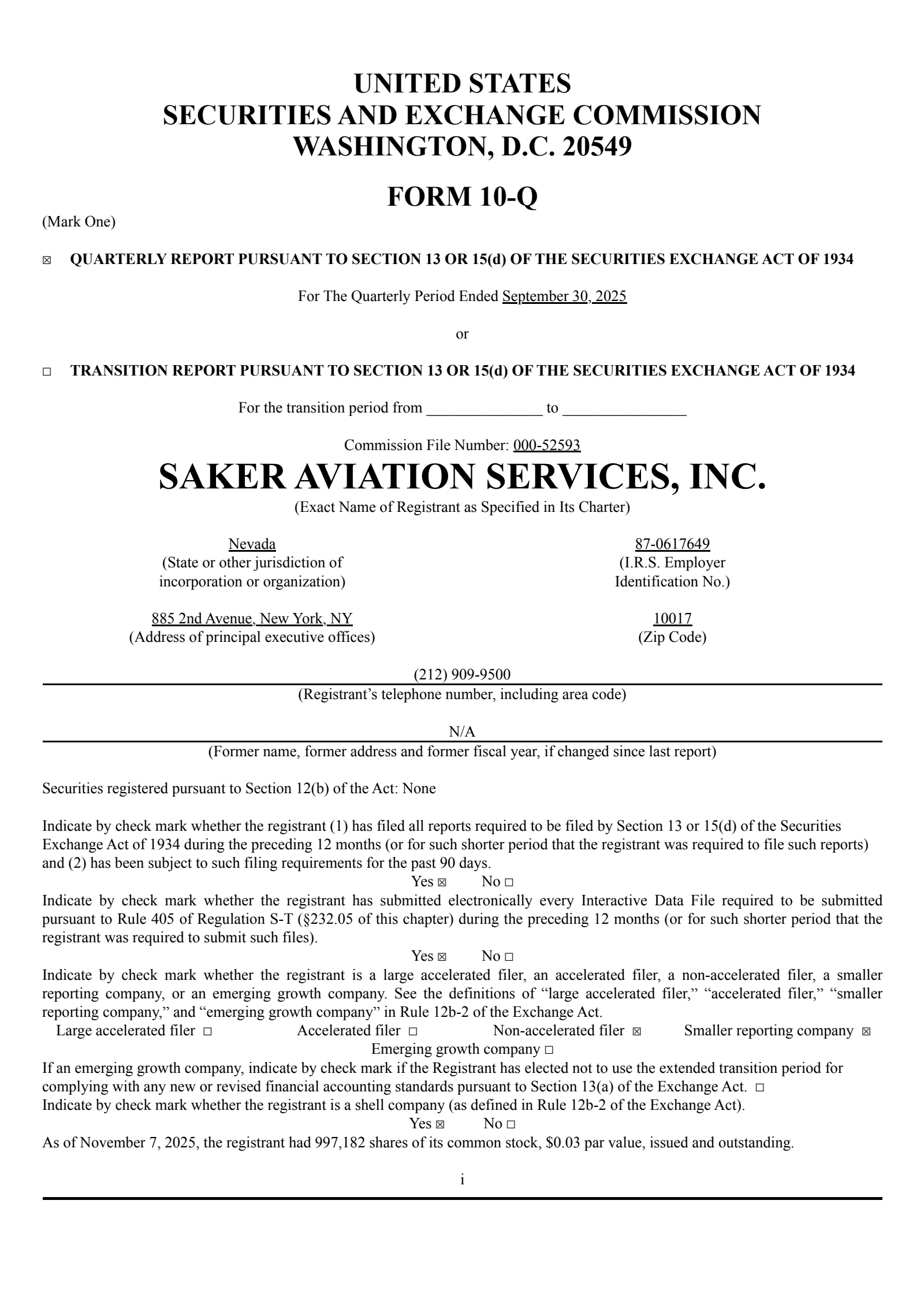 Saker Aviation Services' Q3 2025 Quarterly Report