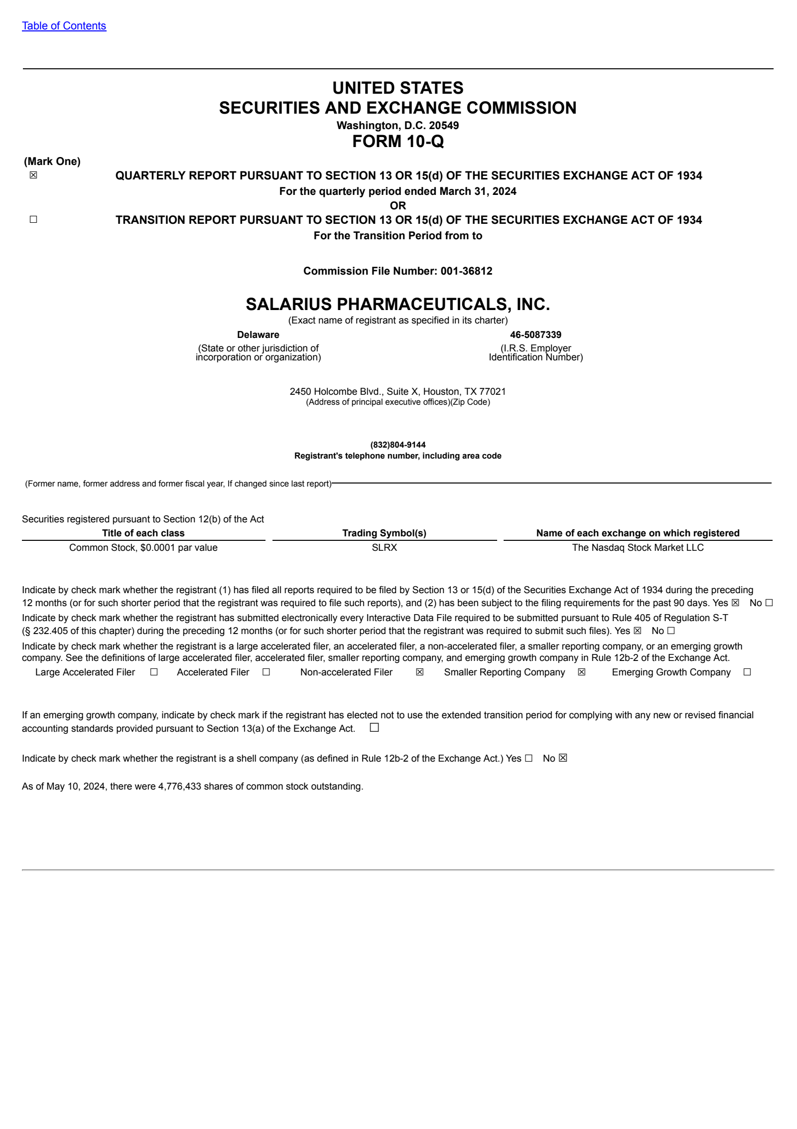 Salarius Pharmaceuticals' Q1 2024 Quarterly Report