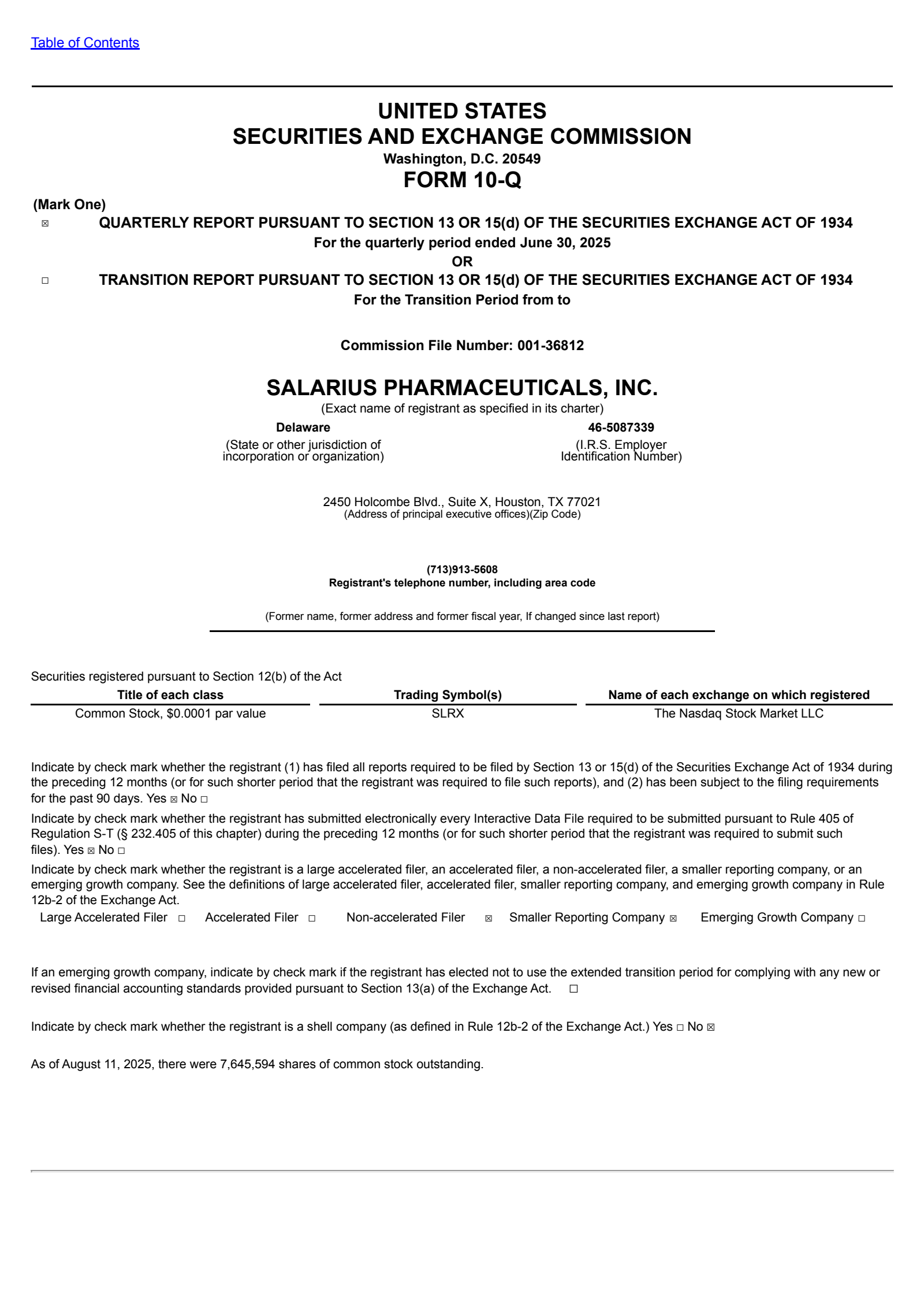 Salarius Pharmaceuticals' Q2 2025 Quarterly report