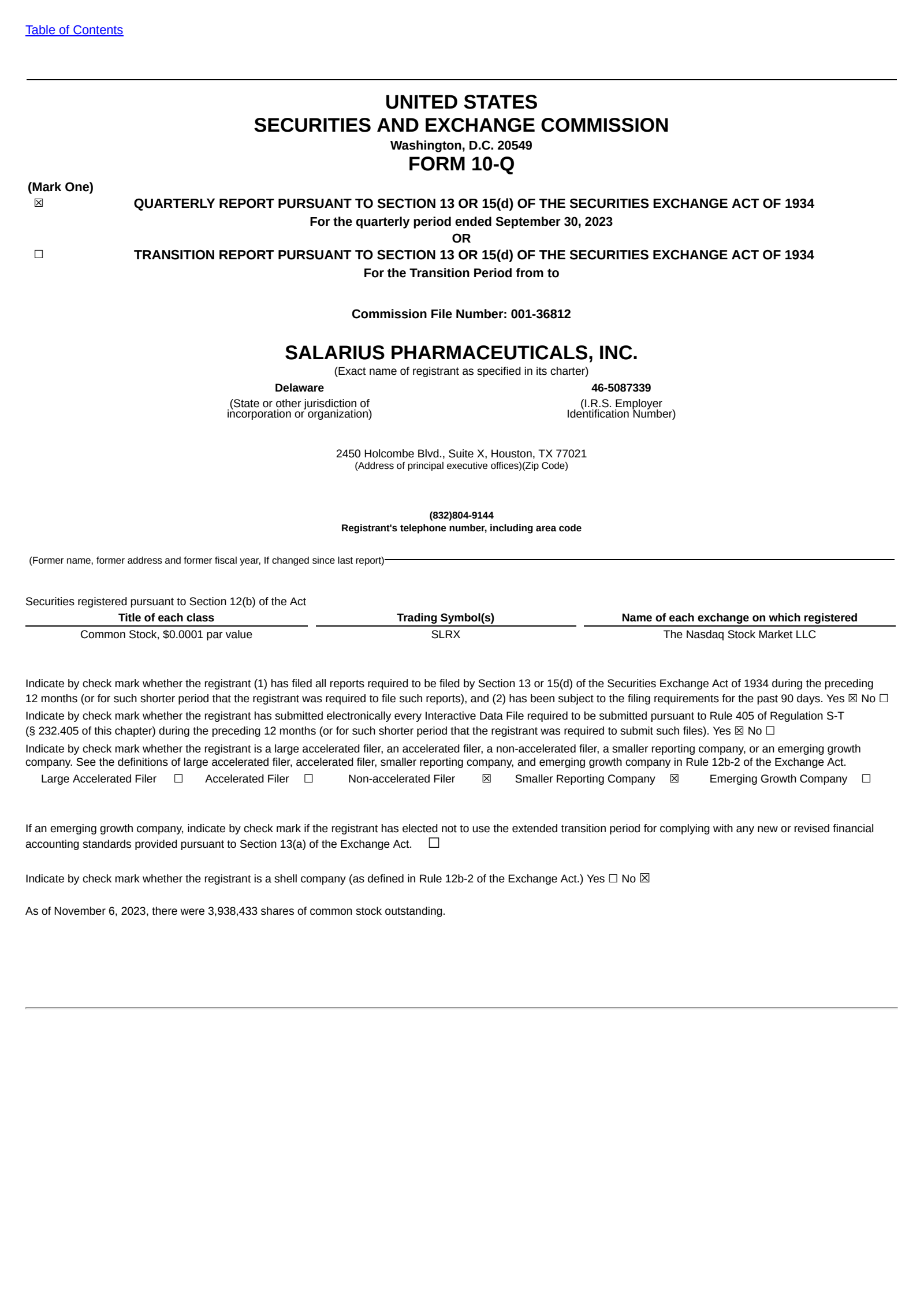 Salarius Pharmaceuticals' Q3 2023 Quarterly Report