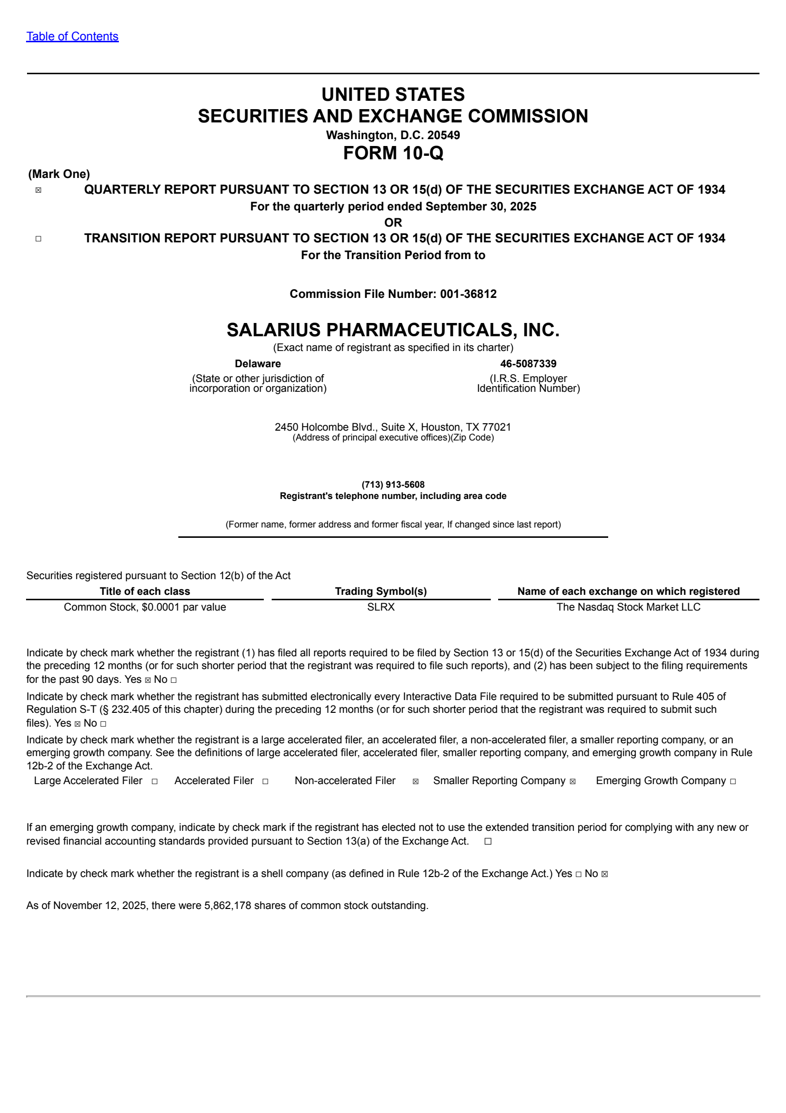 Salarius Pharmaceuticals' Q3 2025 Quarterly Report