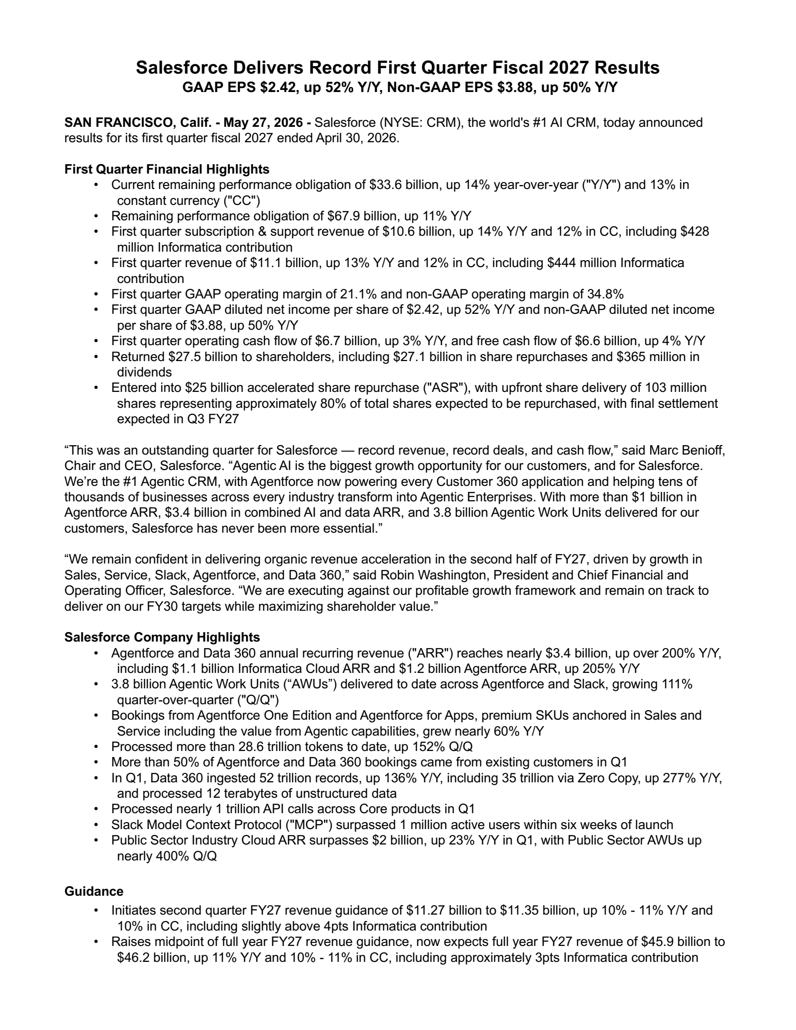 Salesforce's Q1 2027 Press Release