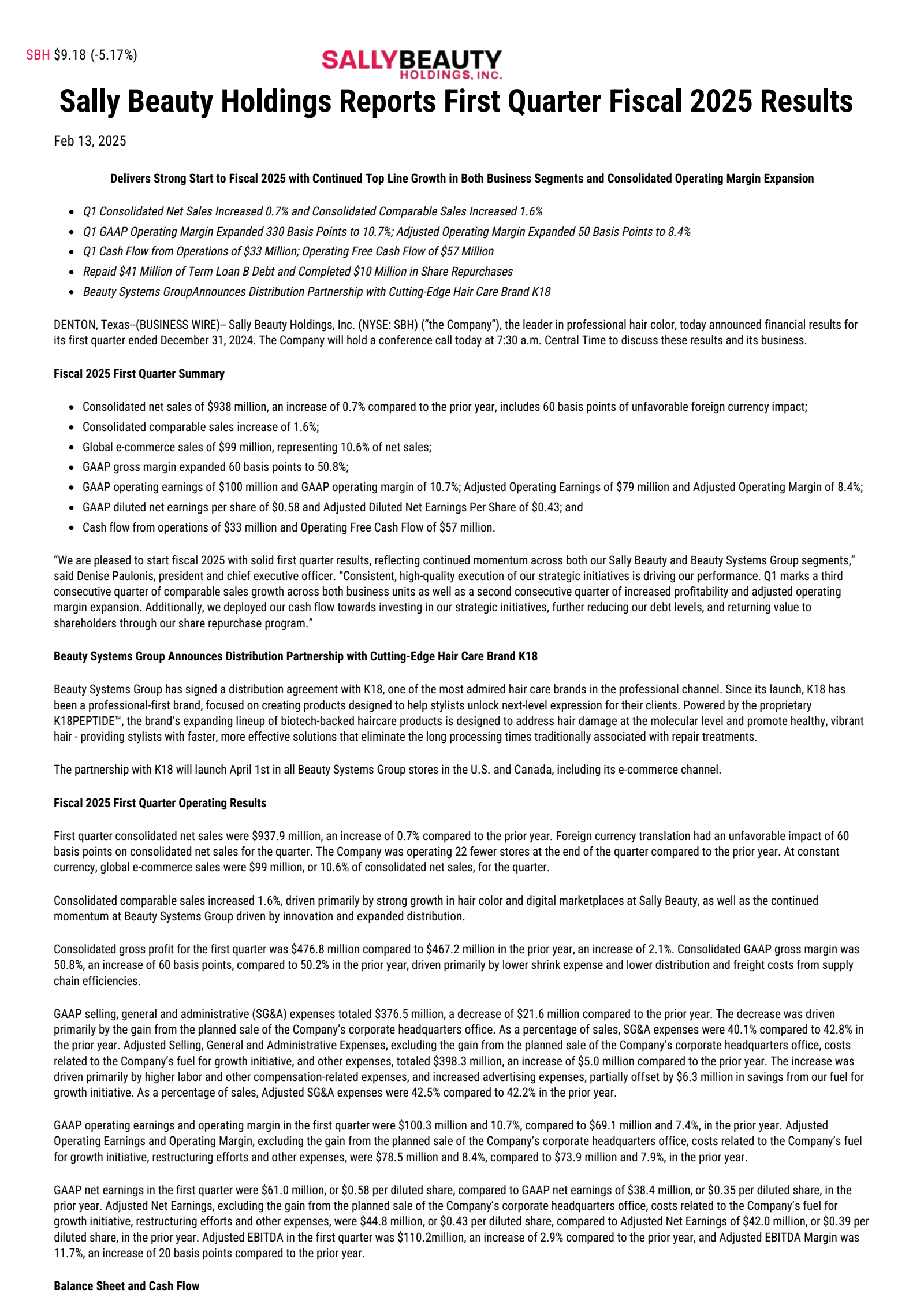 Sally Beauty's Q1 2025 Press Release