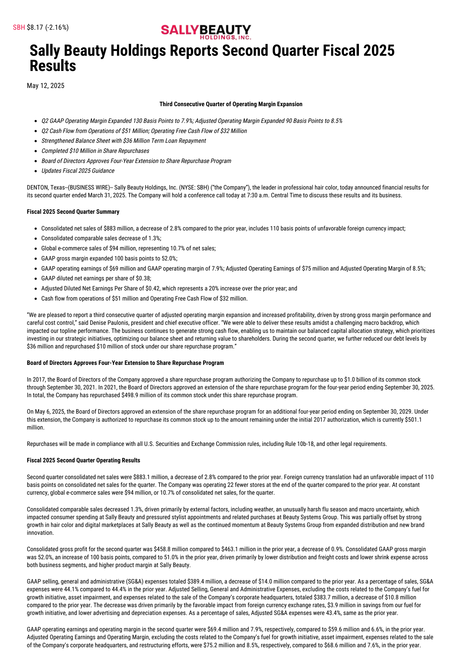 Sally Beauty's Q2 2025 Press Release