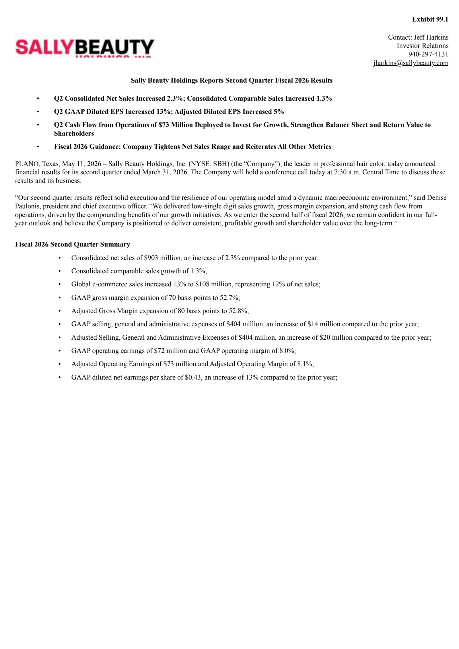 Sally Beauty's Q2 2026 Press Release