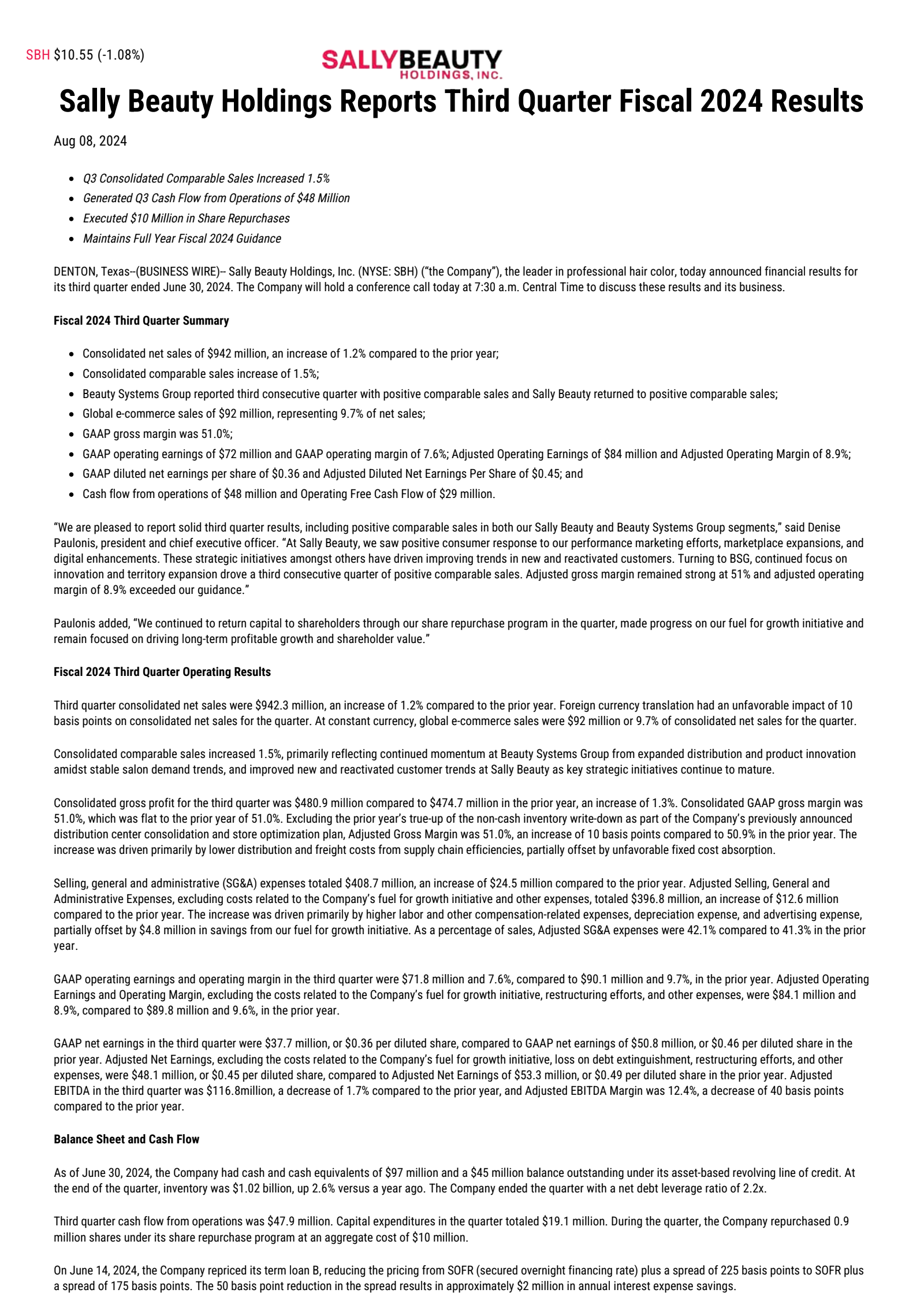 Sally Beauty's Q3 2024 Press Release