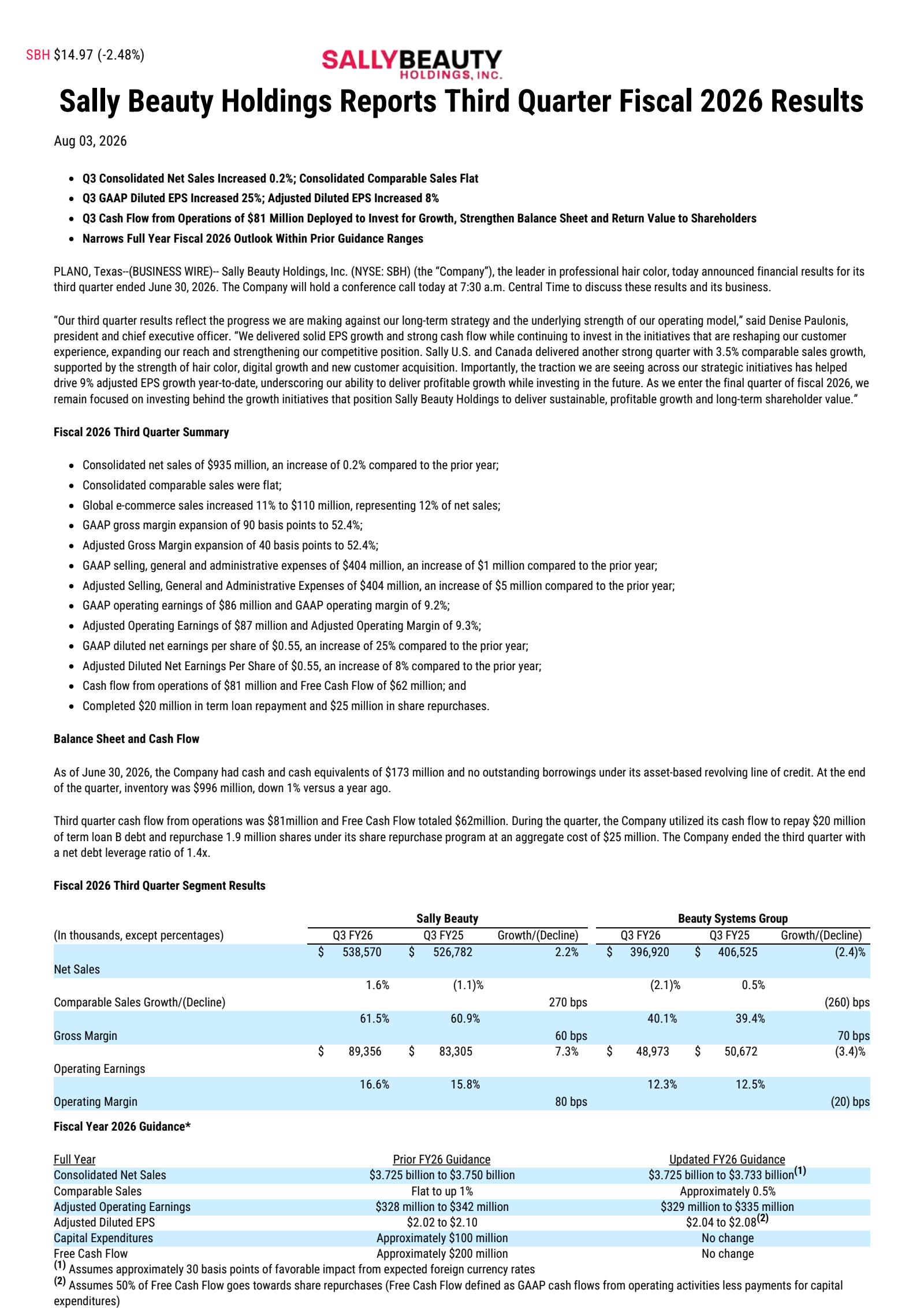 Sally Beauty's Q3 2026 Press Release