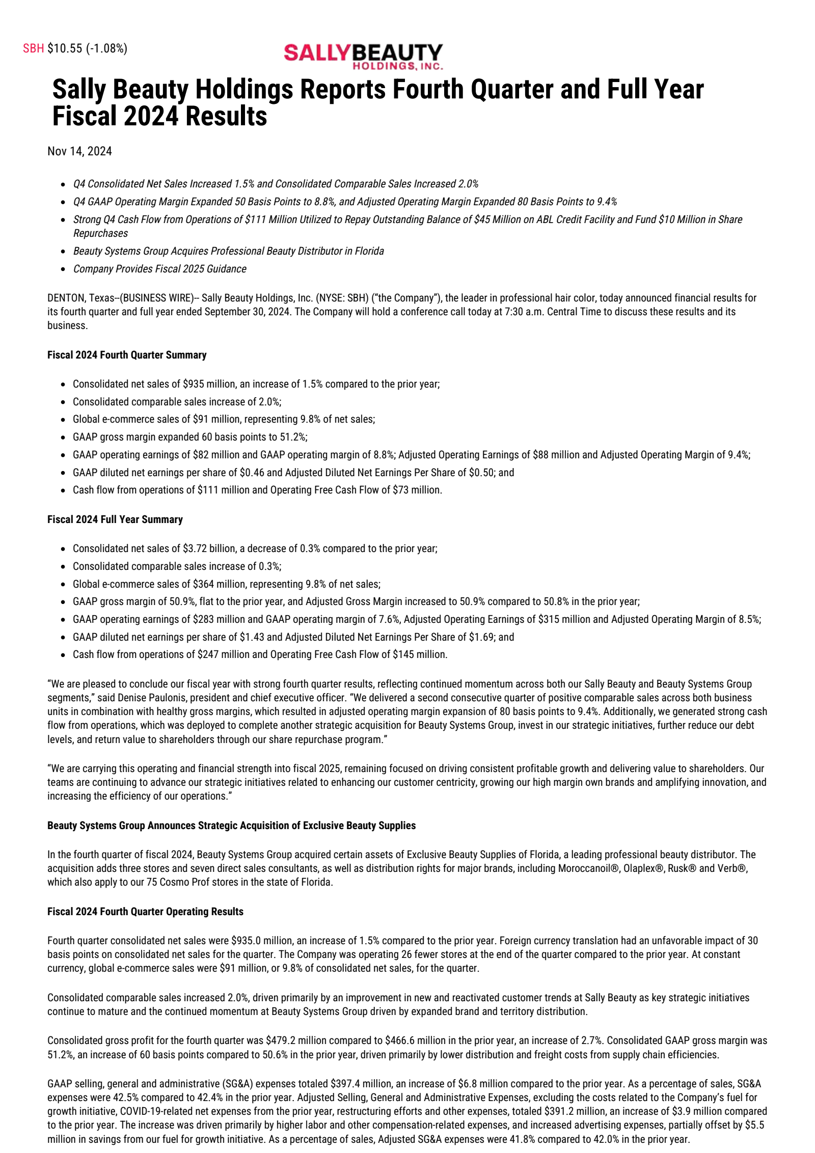 Sally Beauty's Q4 2024 Press Release