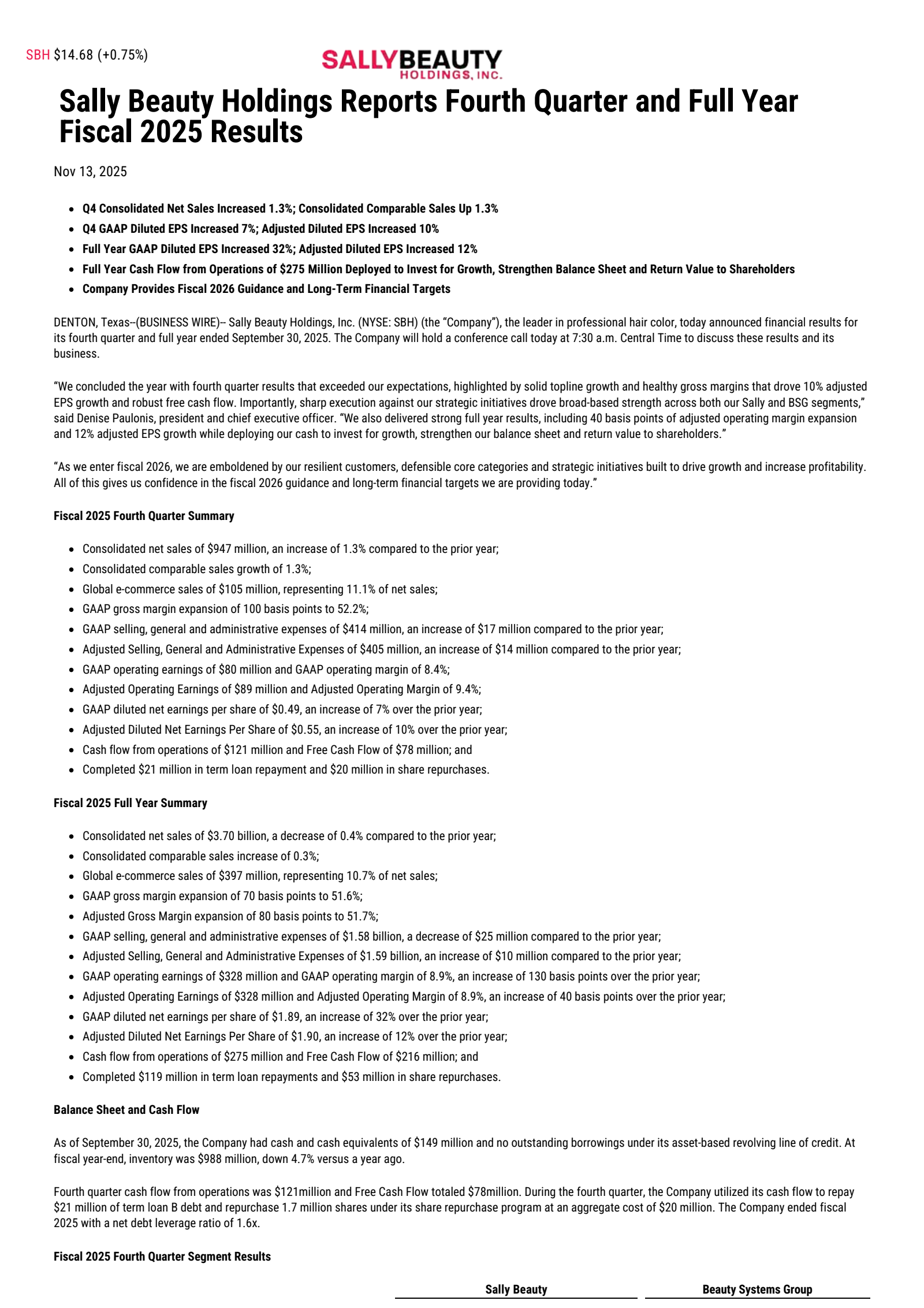 Sally Beauty's Q4 2025 Press Release