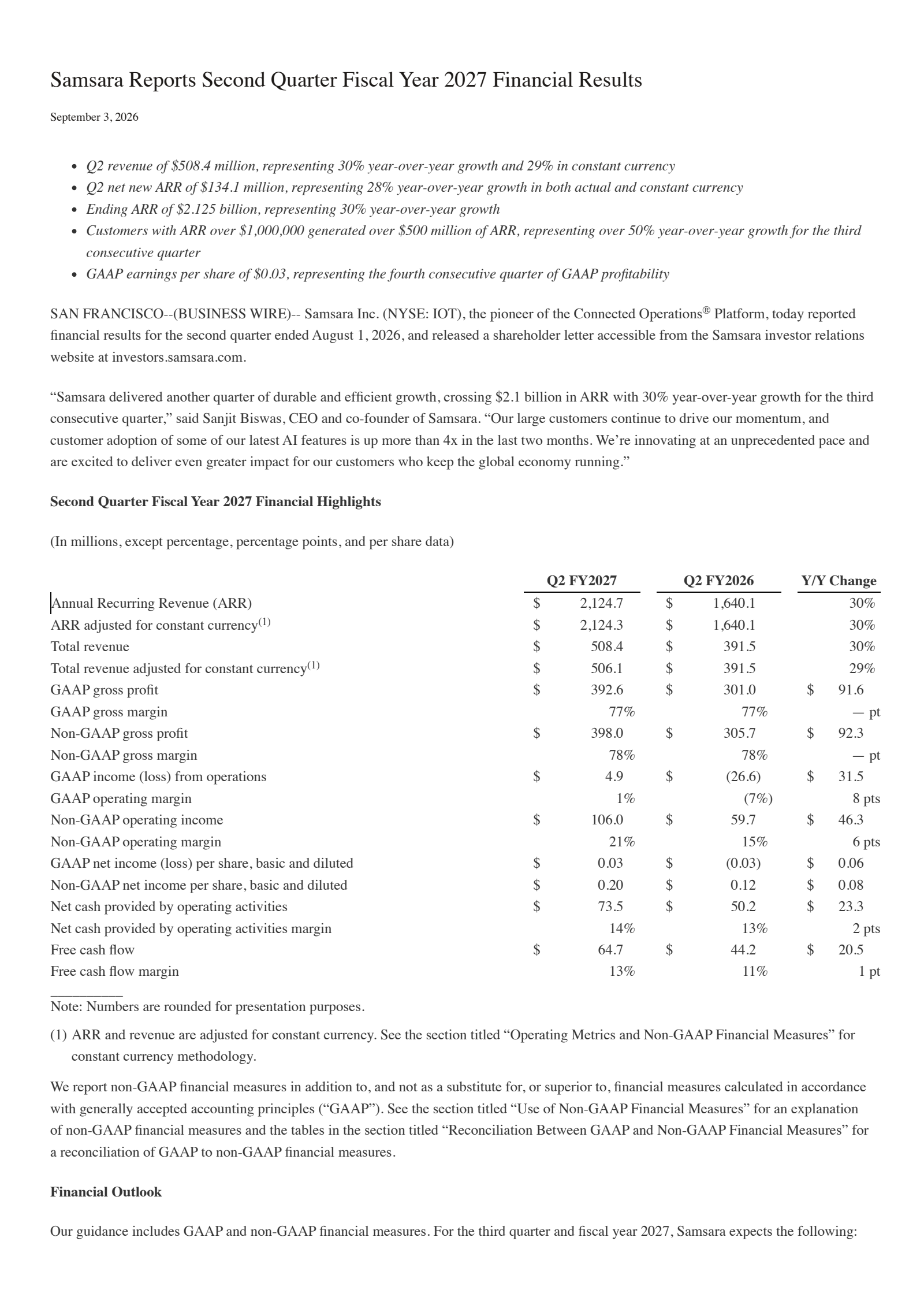 Samsara's Q2 2027 Press Release