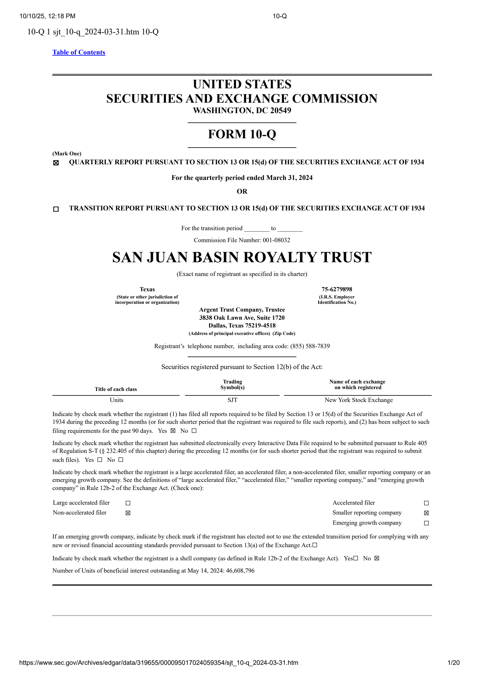 San Juan Basin Royalty Trust's Q1 2024 Quarterly Report