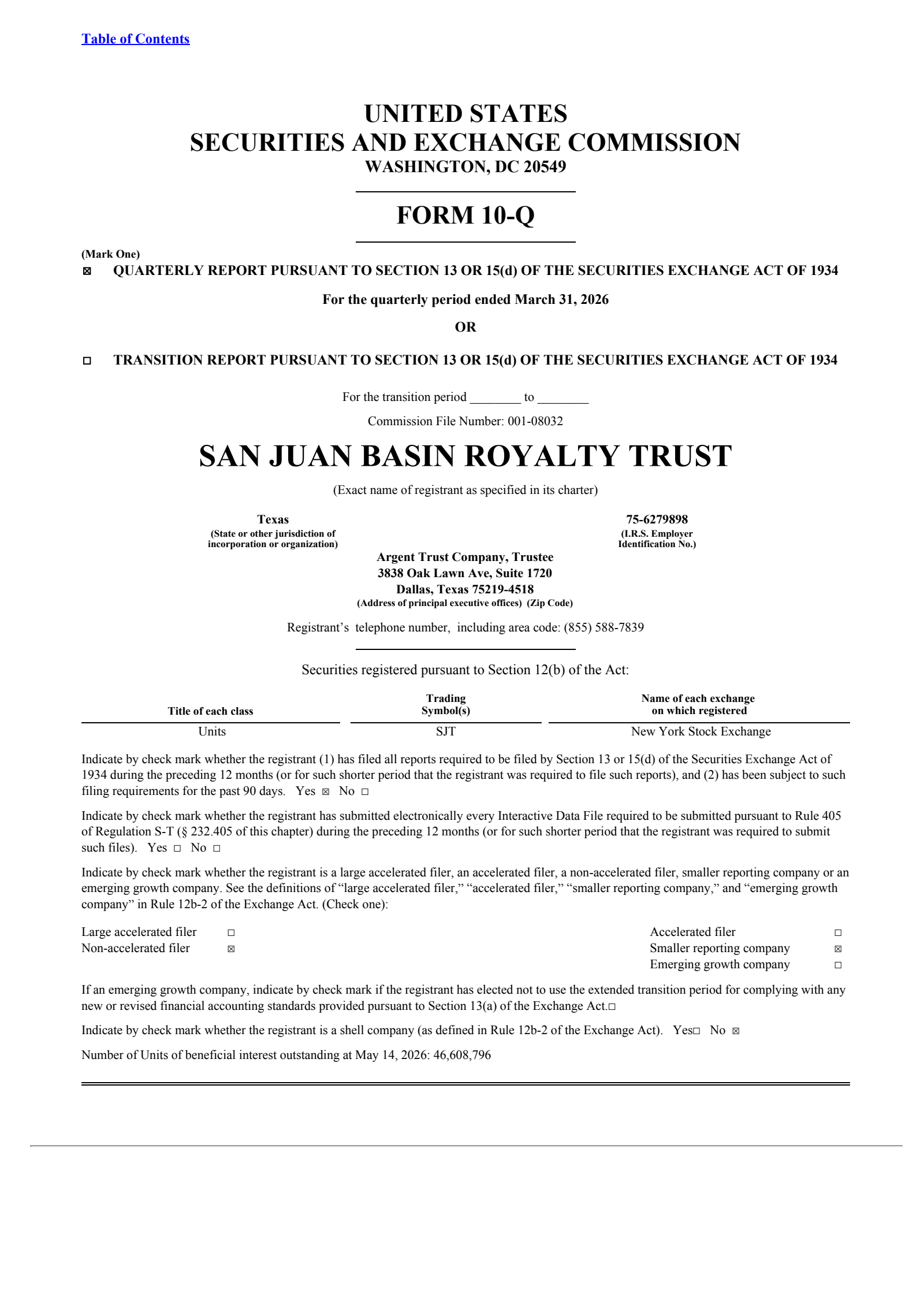 San Juan Basin Royalty Trust's Q1 2026 Quarterly report