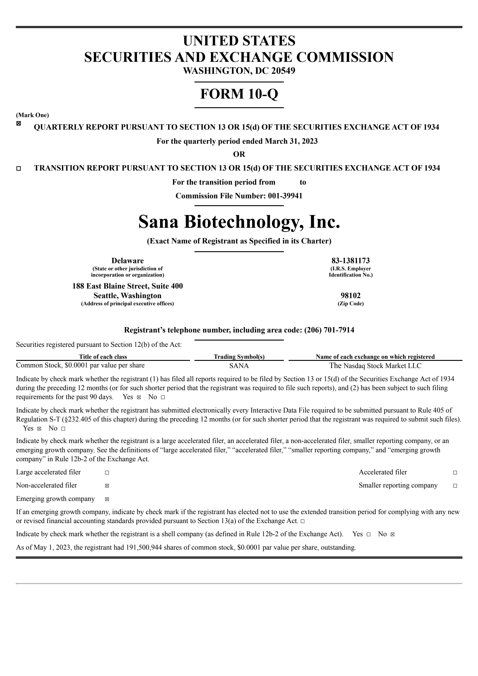 Sana Biotechnology's Q1 2023 Quarterly report