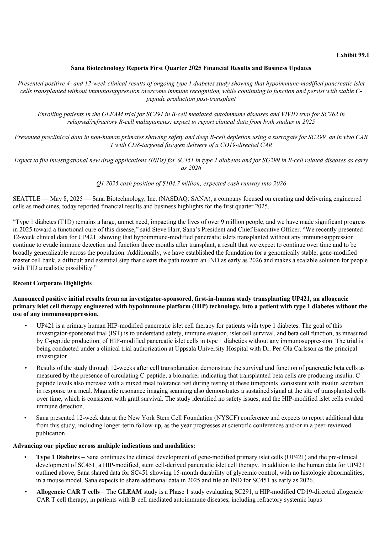 Sana Biotechnology's Q1 2025 Press Release