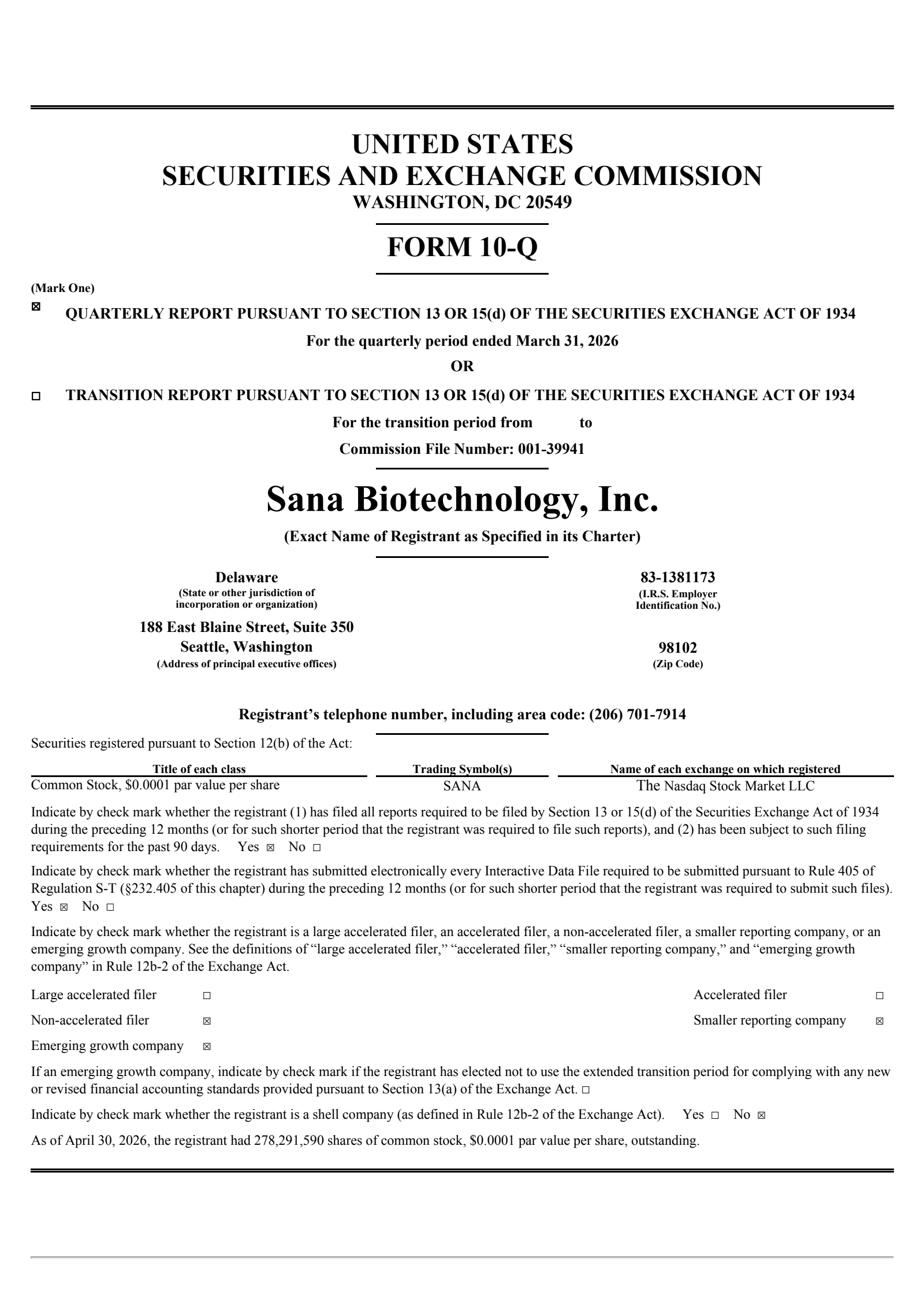 Sana Biotechnology's Q1 2026 Quarterly report