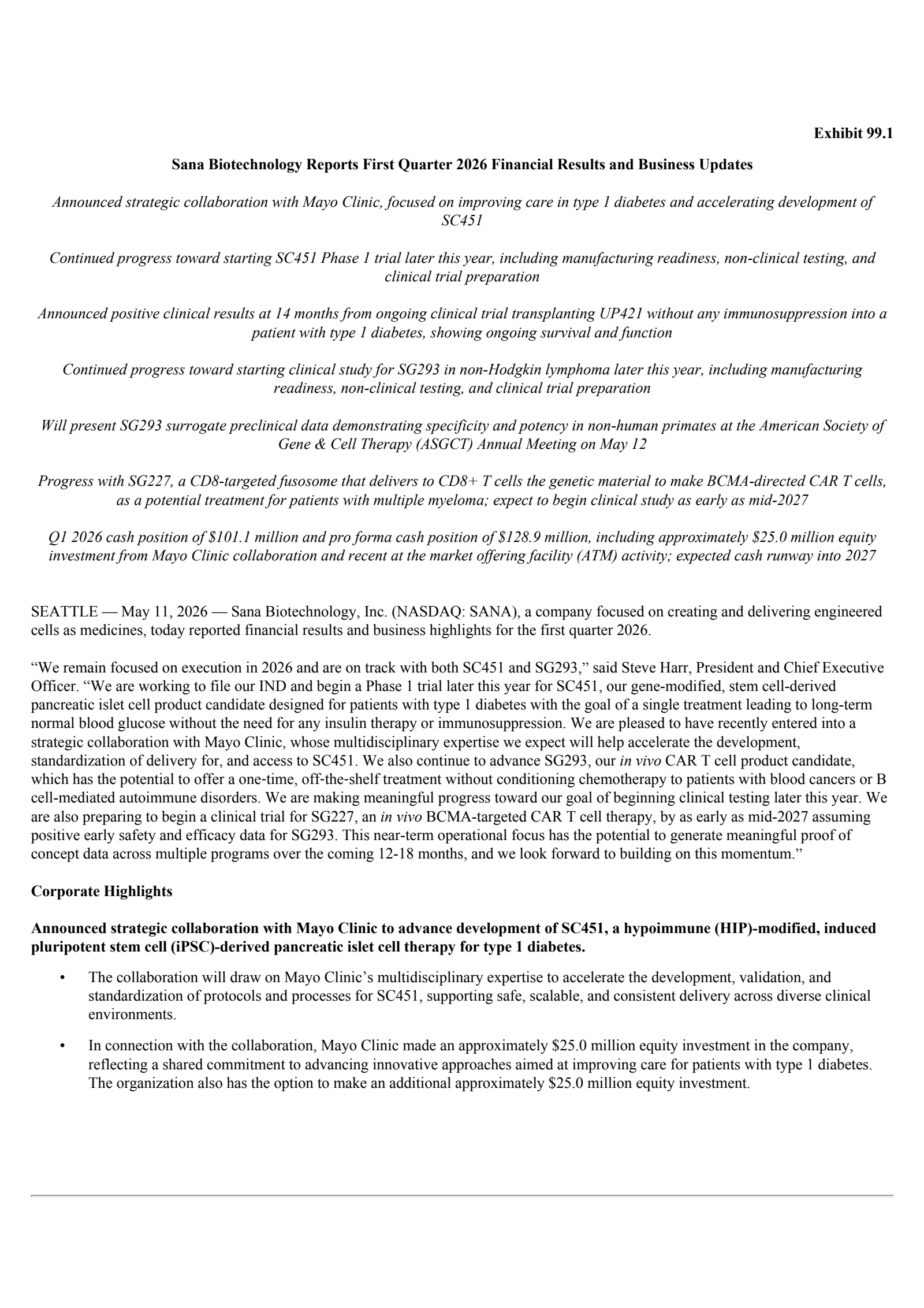 Sana Biotechnology's Q1 2026 Press Release
