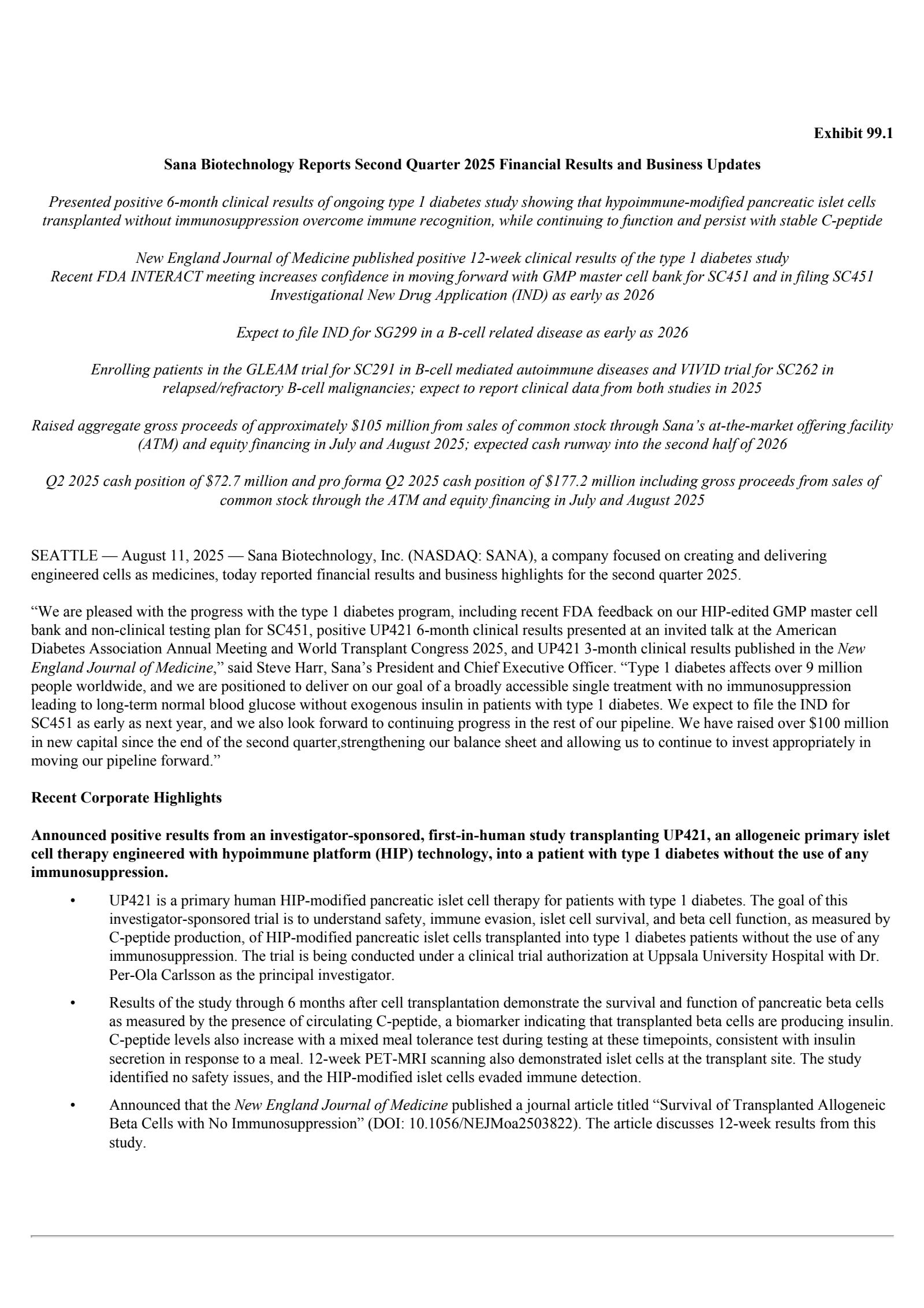 Sana Biotechnology's Q2 2025 Press Release
