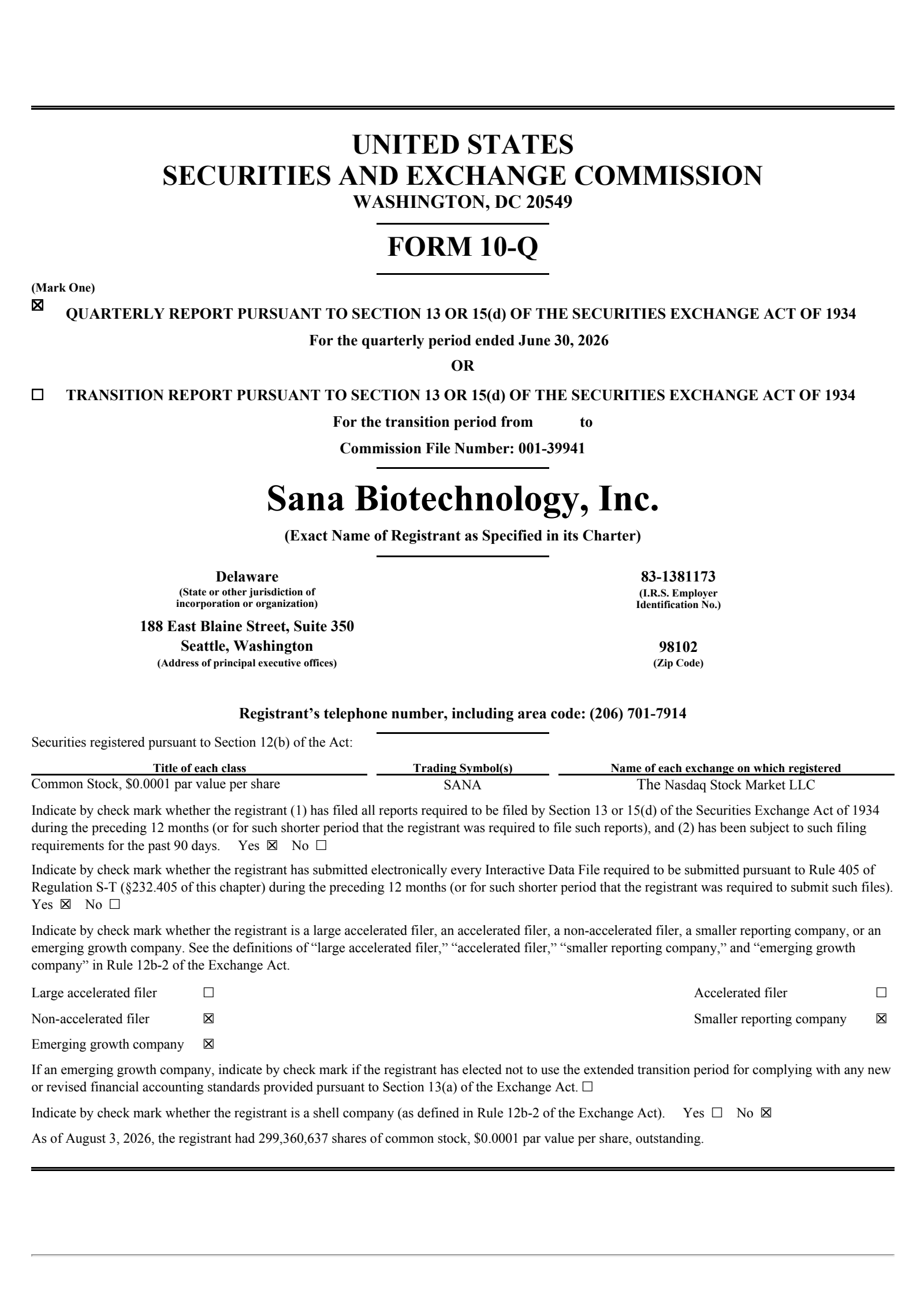 Sana Biotechnology's Q2 2026 Quarterly report