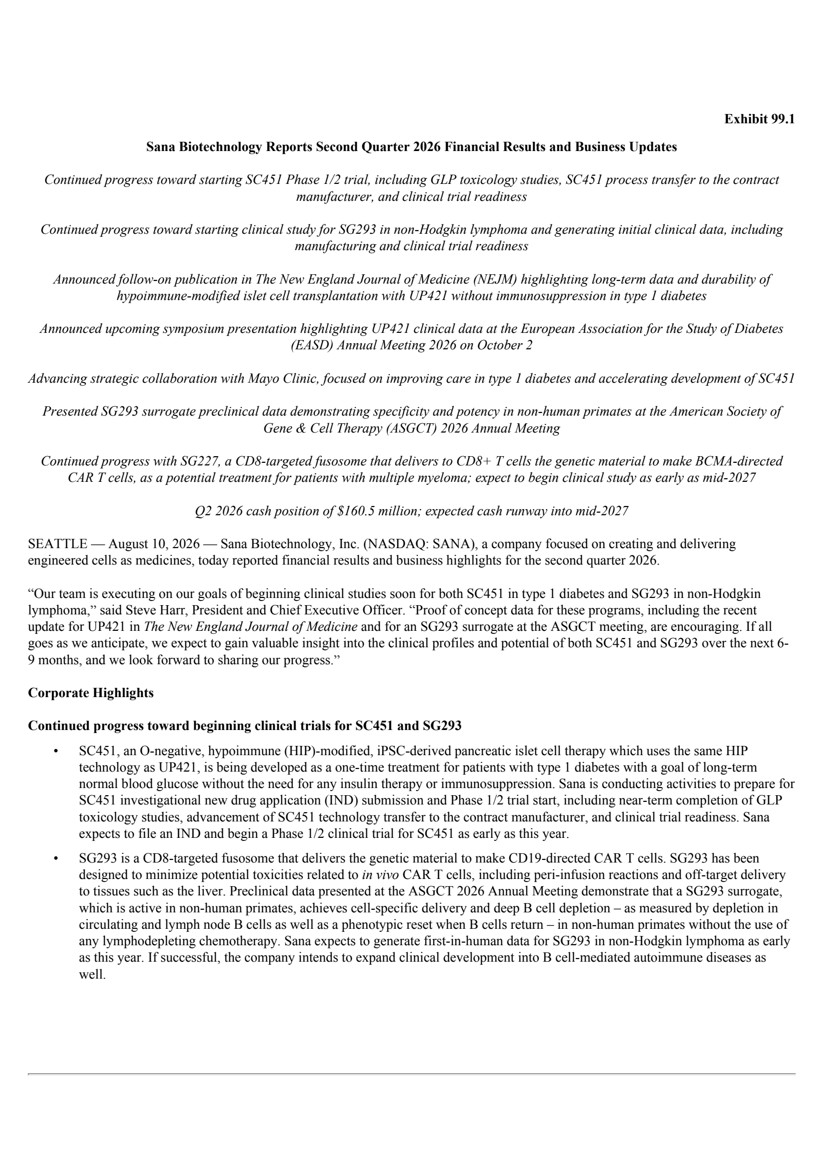 Sana Biotechnology's Q2 2026 Press Release