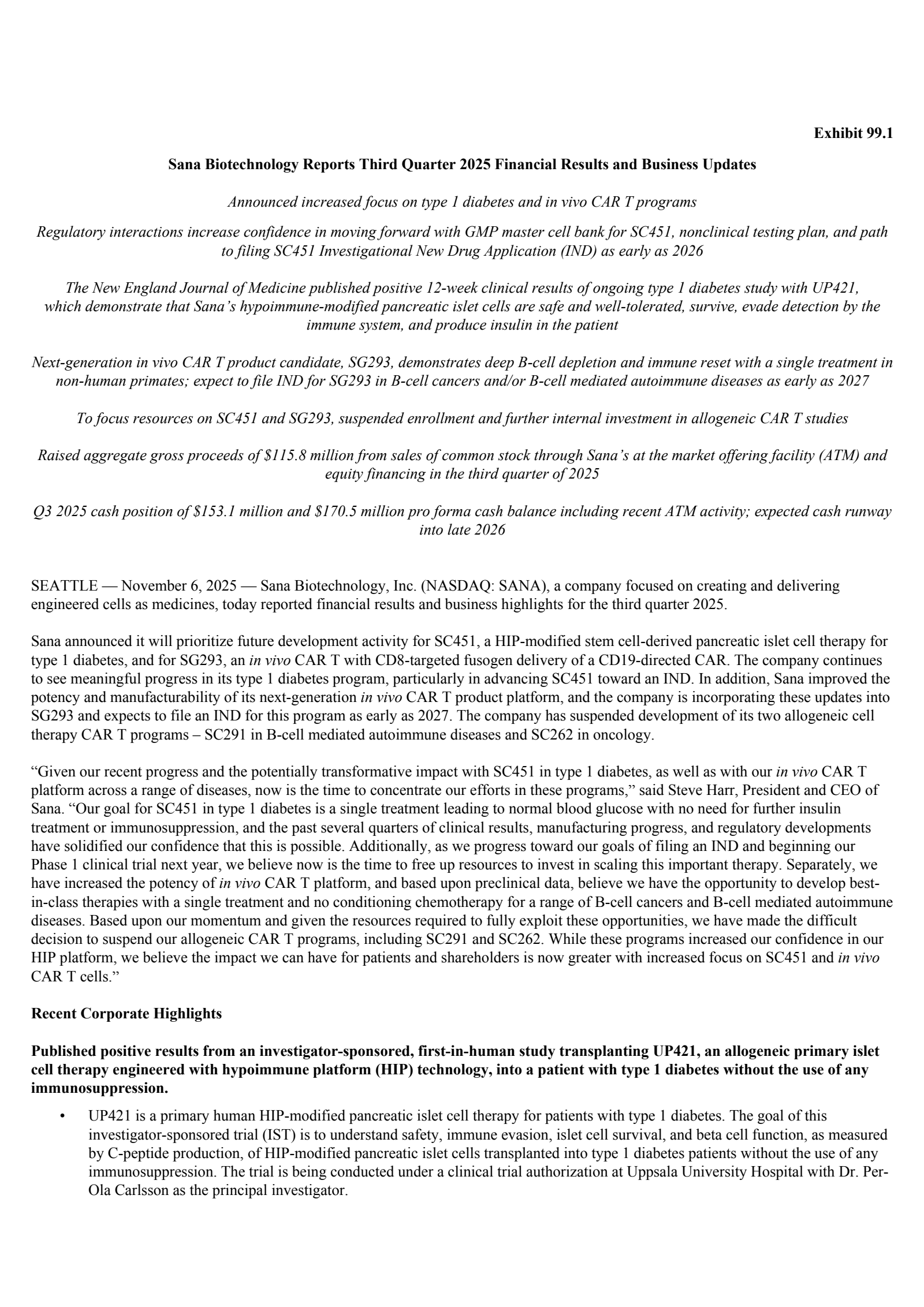 Sana Biotechnology's Q3 2025 Earnings Release