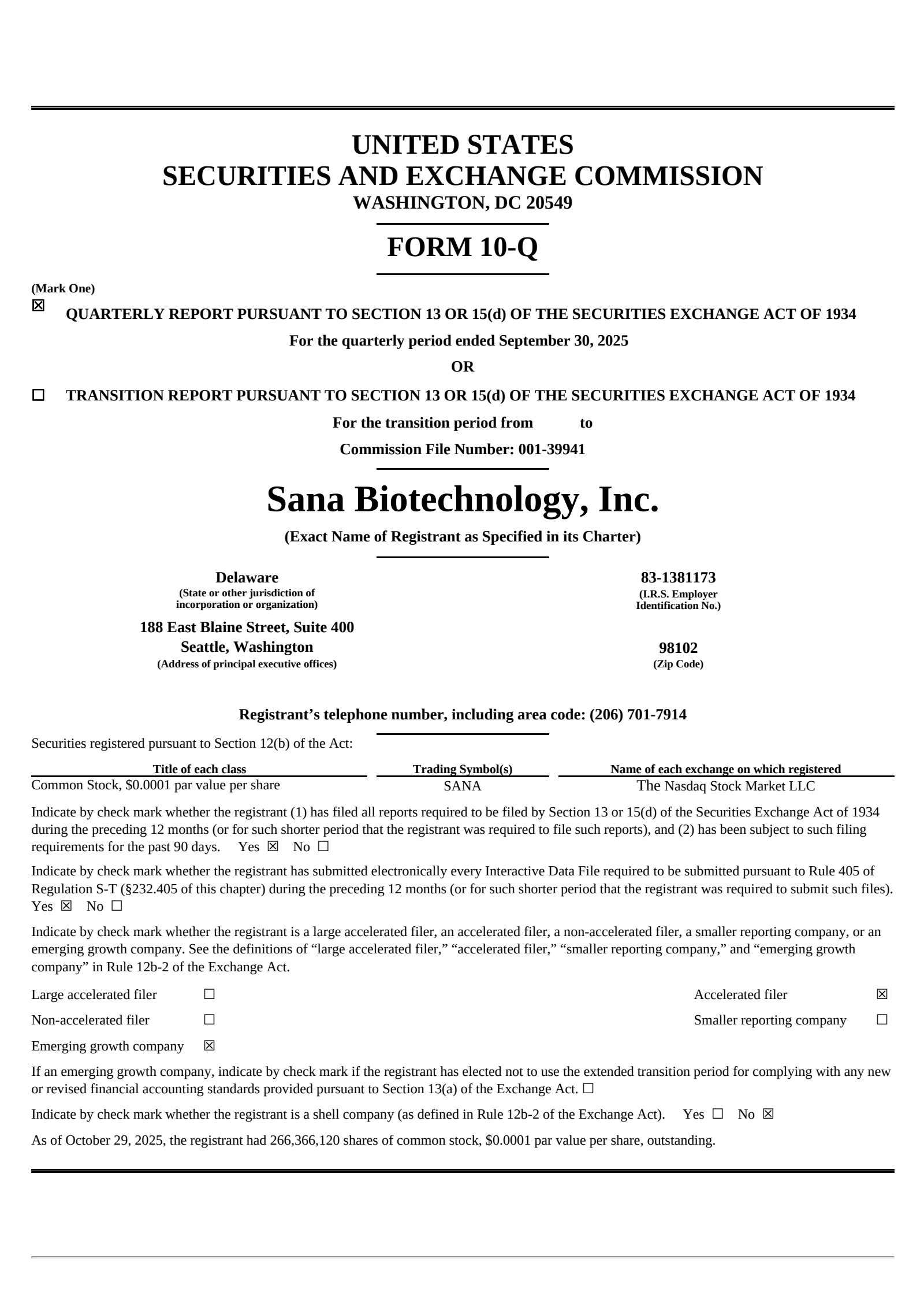 Sana Biotechnology's Q3 2025 Quarterly Report