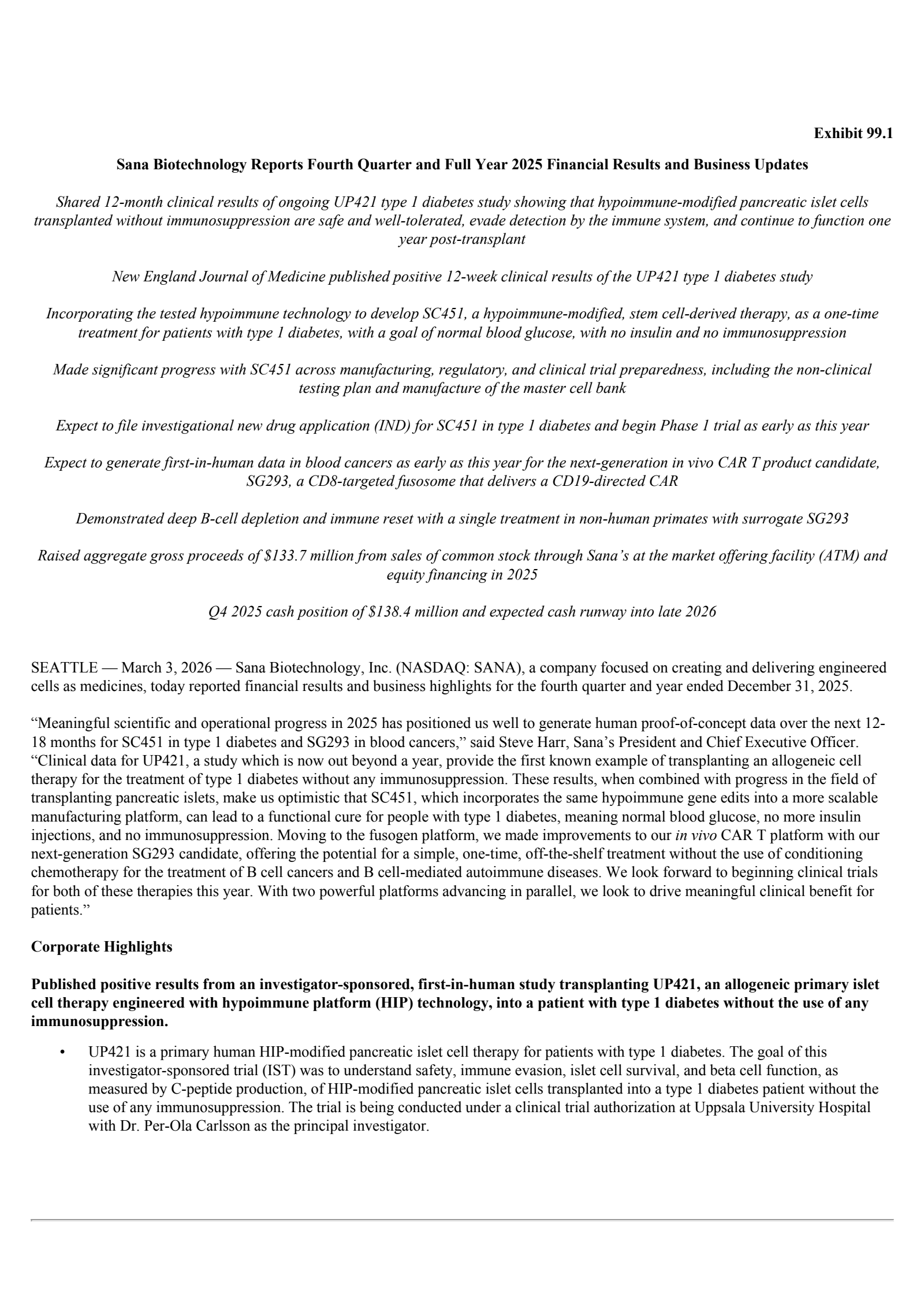 Sana Biotechnology's Q4 2025 Press Release