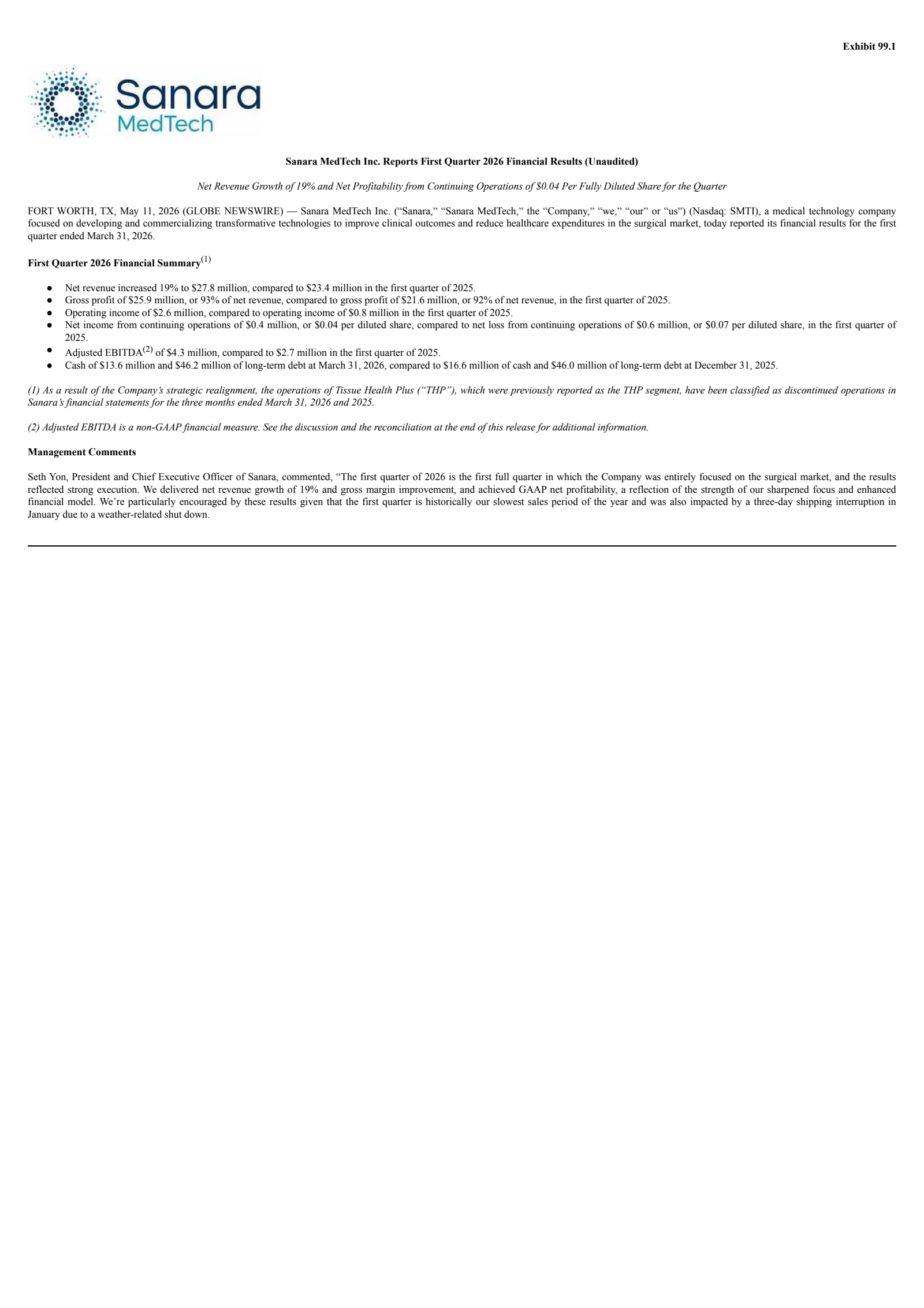 Sanara MedTech's Q1 2026 Press Release