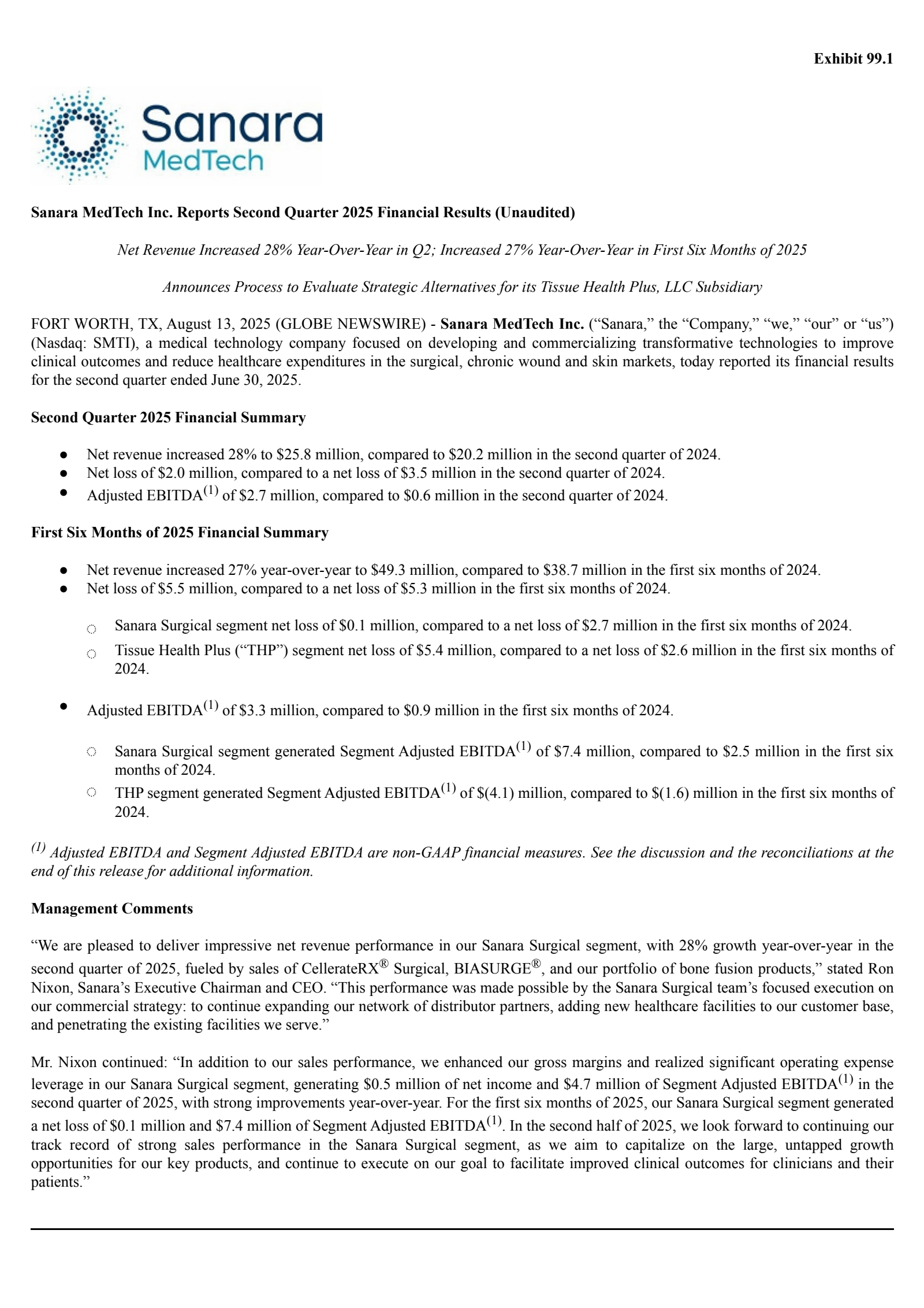 Sanara MedTech's Q2 2025 Press Release