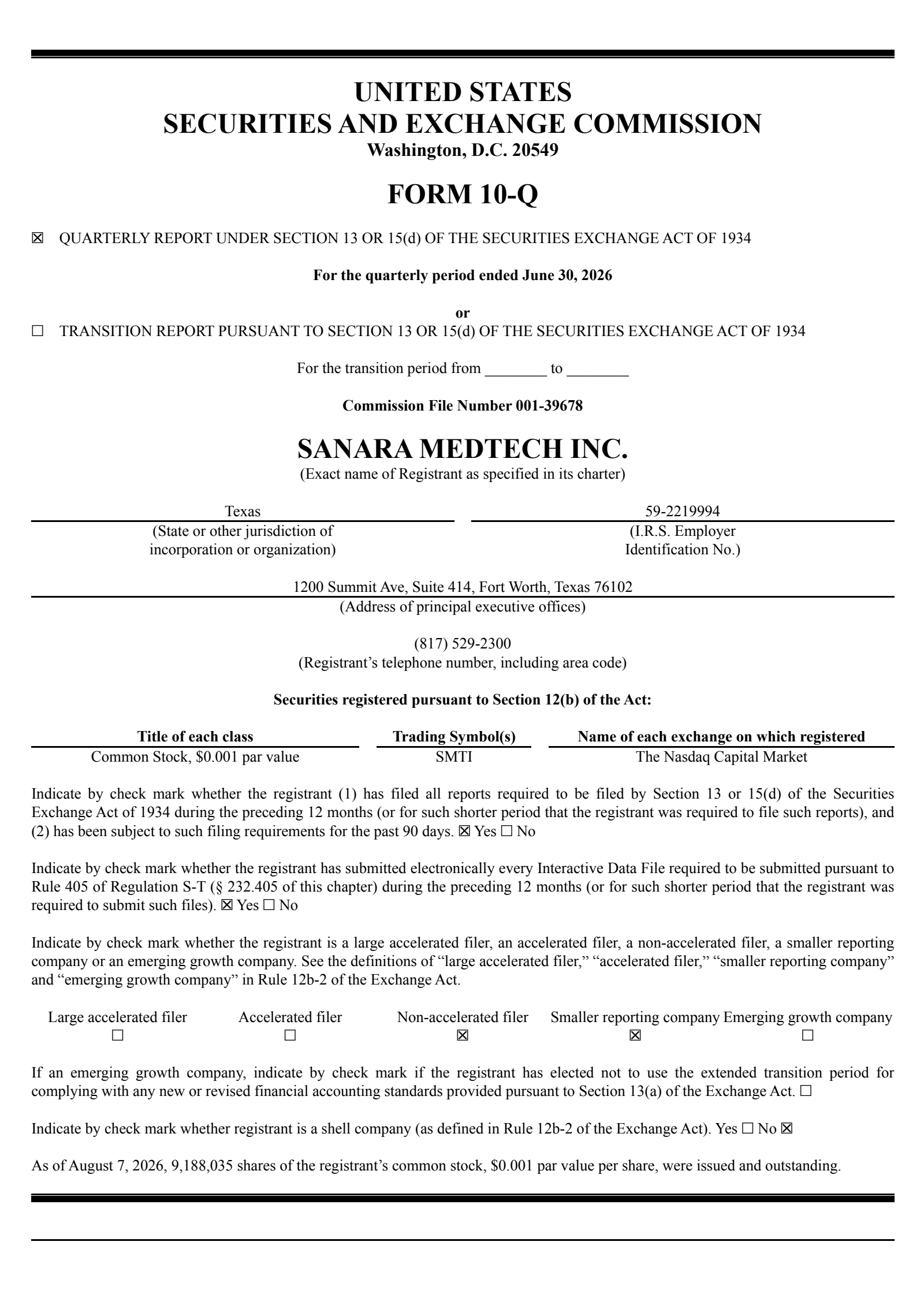 Sanara MedTech's Q2 2026 Quarterly report
