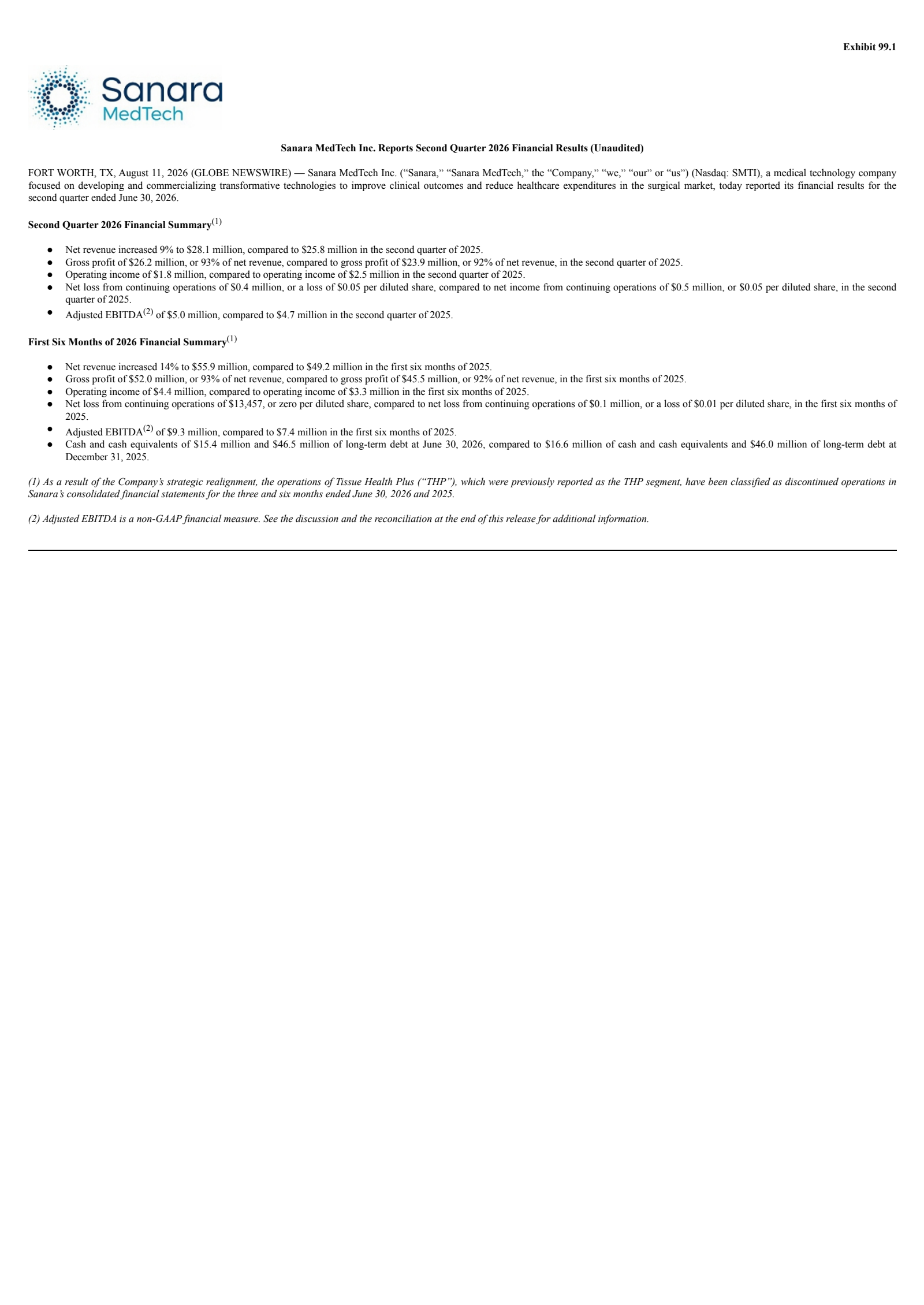 Sanara MedTech's Q2 2026 Press Release