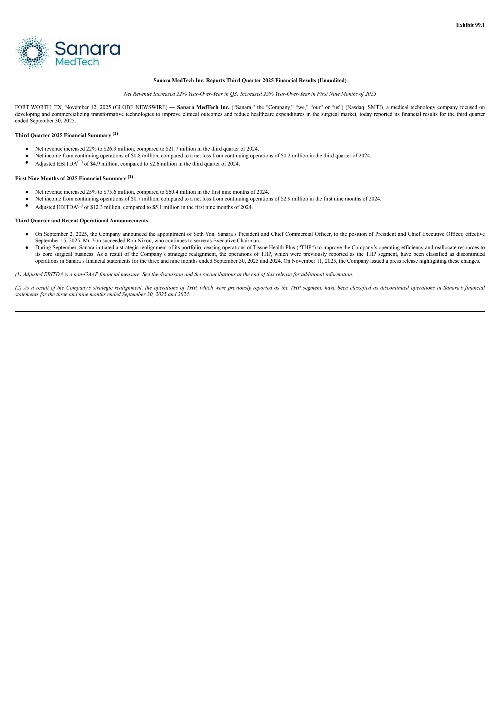 Sanara MedTech's Q3 2025 Earnings Release