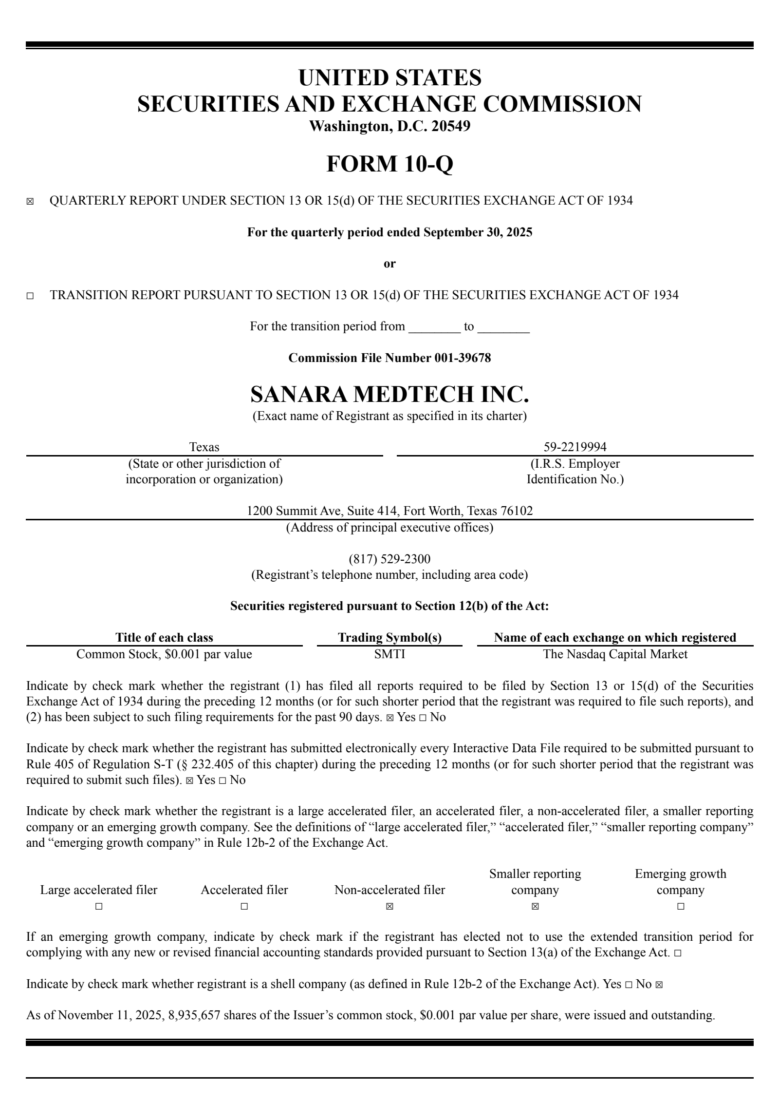Sanara MedTech's Q3 2025 Quarterly Report