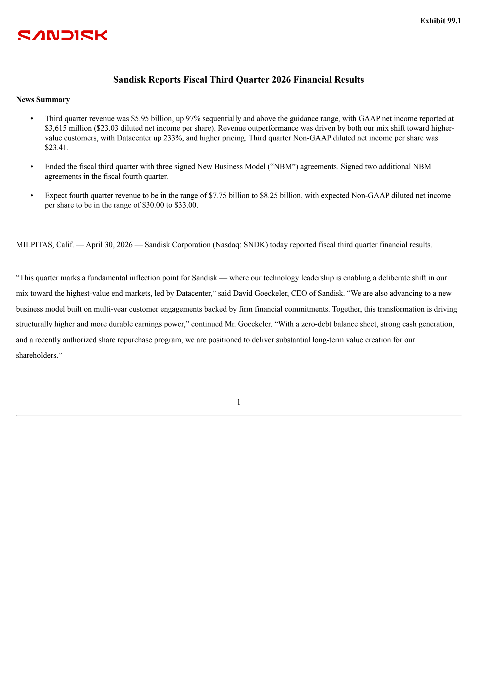 Sandisk's Q3 2026 Press Release