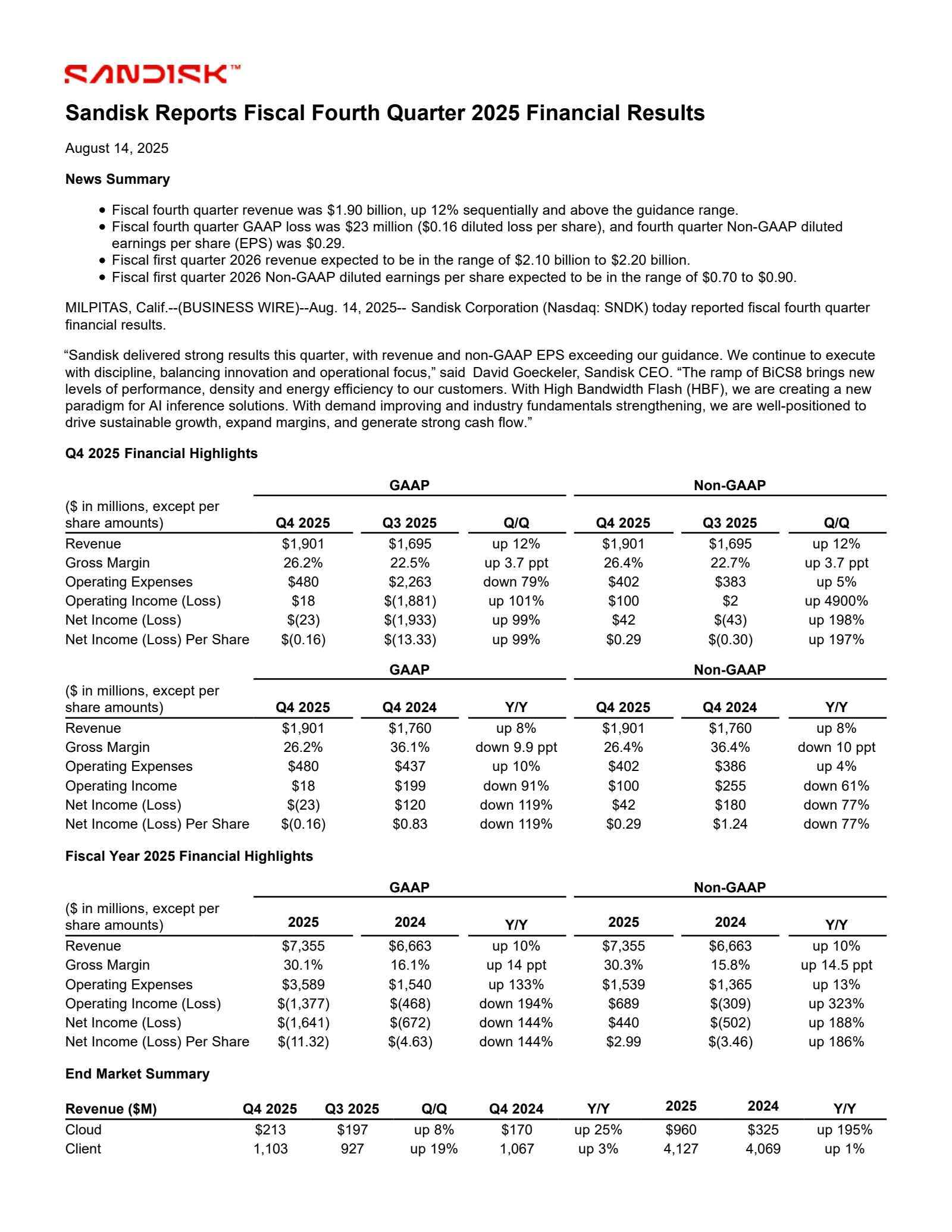 Sandisk's Q4 2025 Press Release