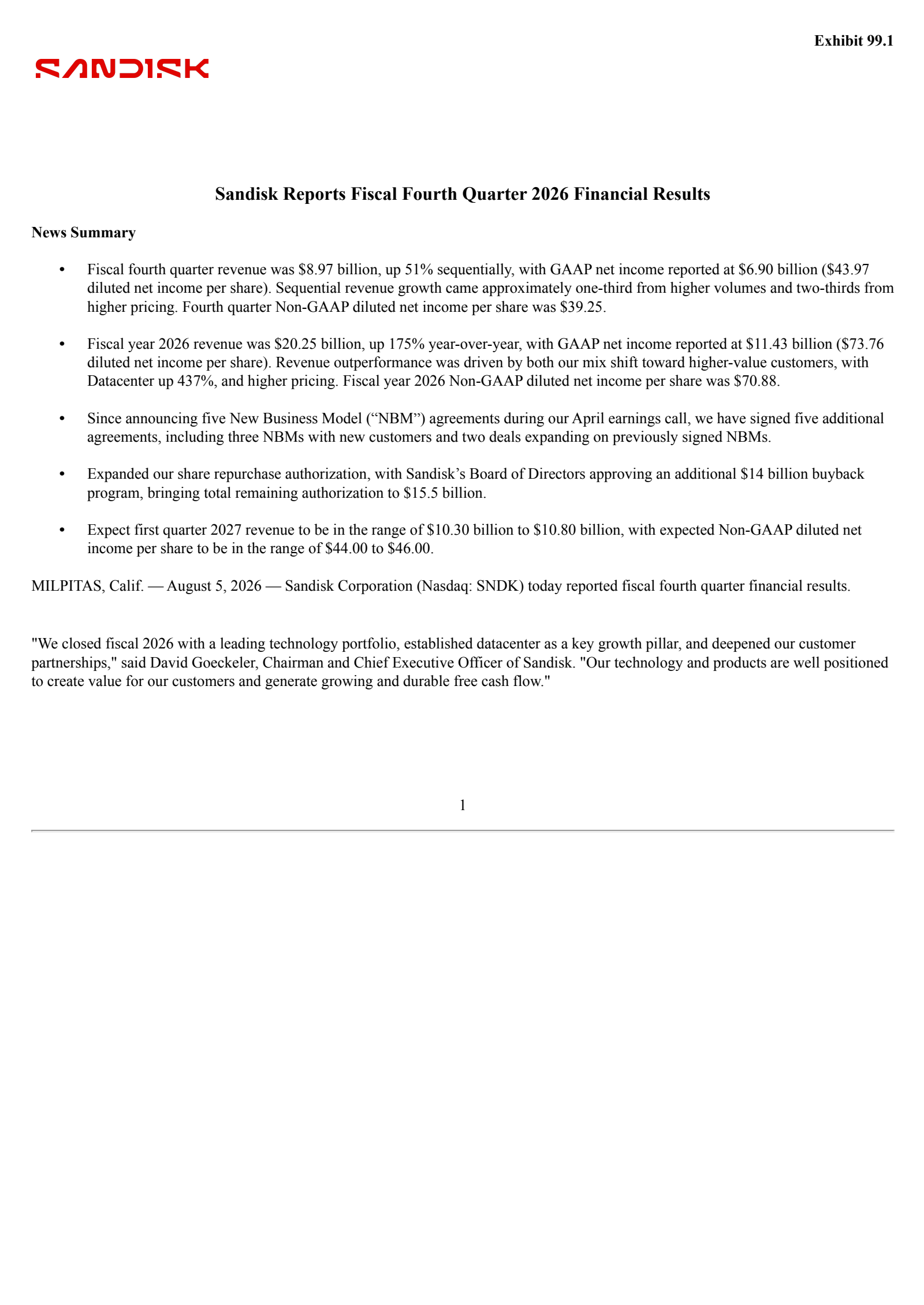 Sandisk's Q4 2026 Press Release