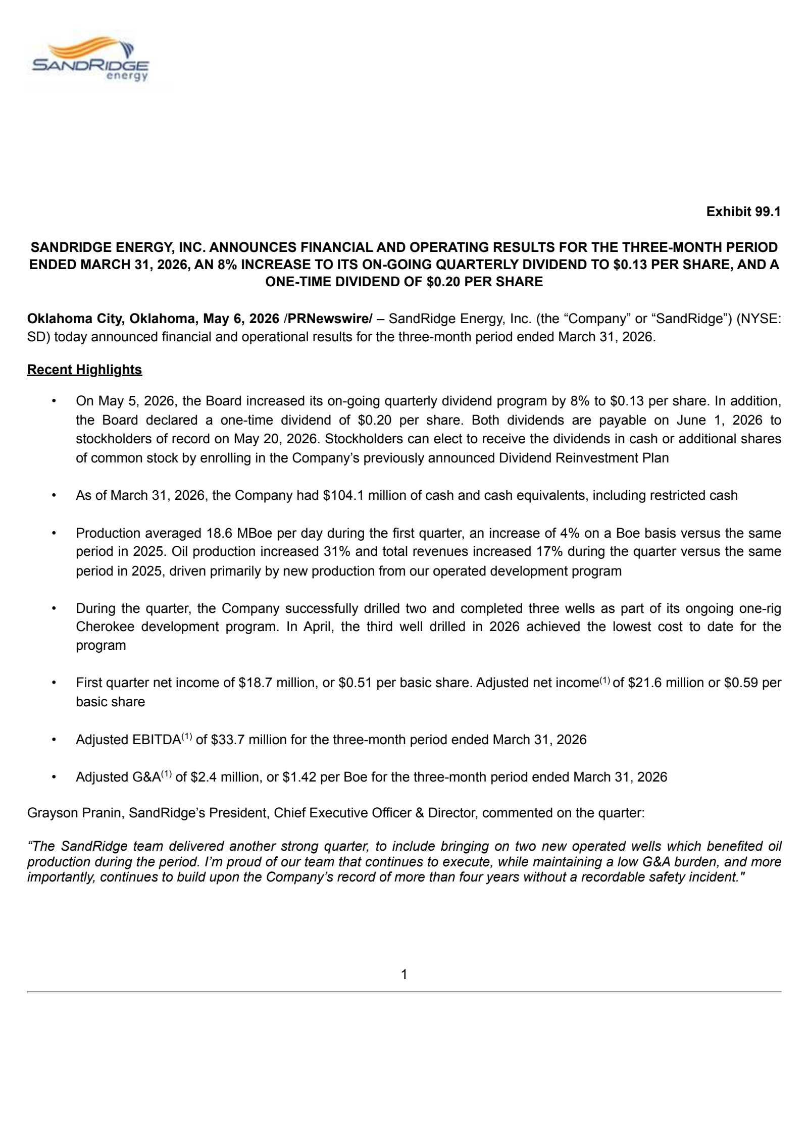SandRidge Energy's Q1 2026 Press Release