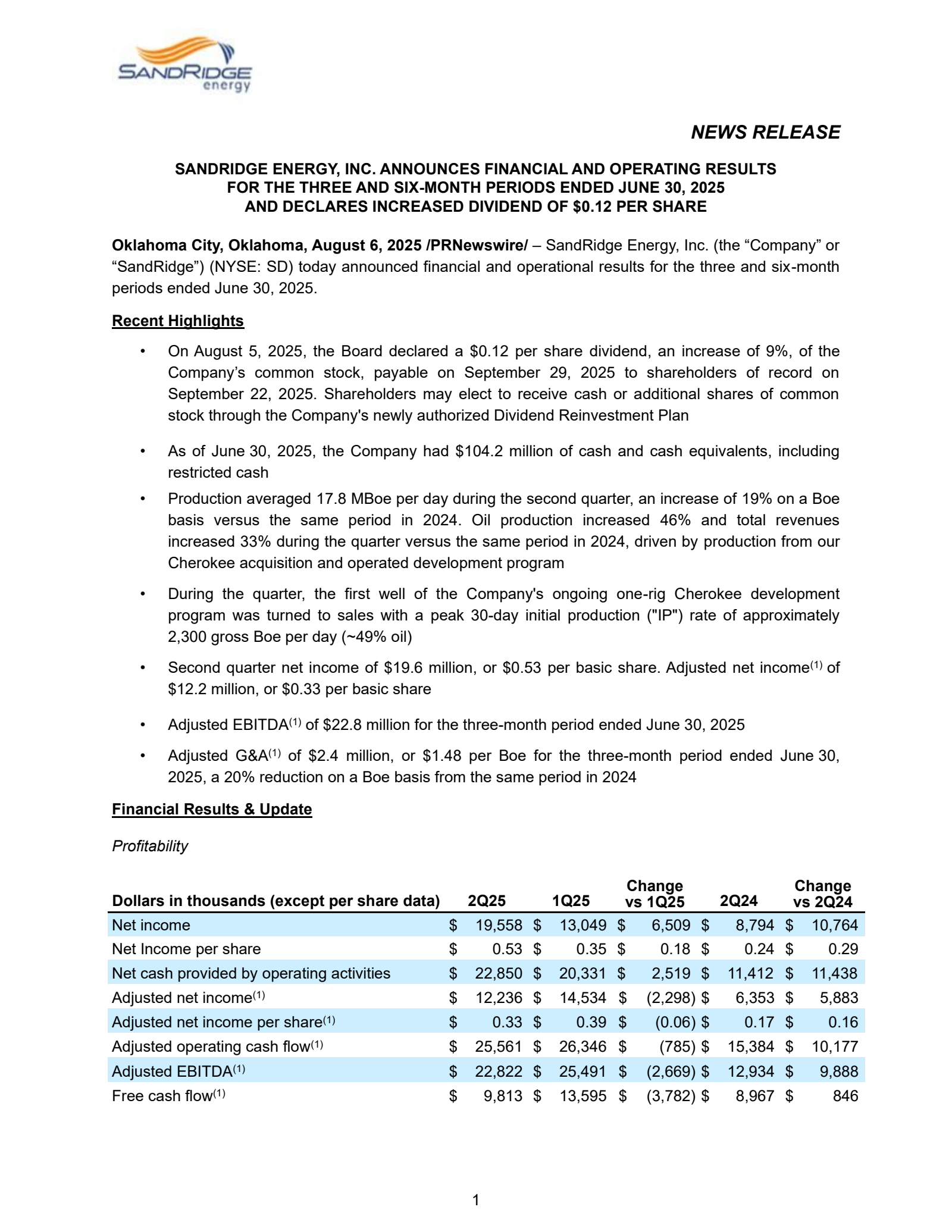 SandRidge Energy's Q2 2025 Press Release