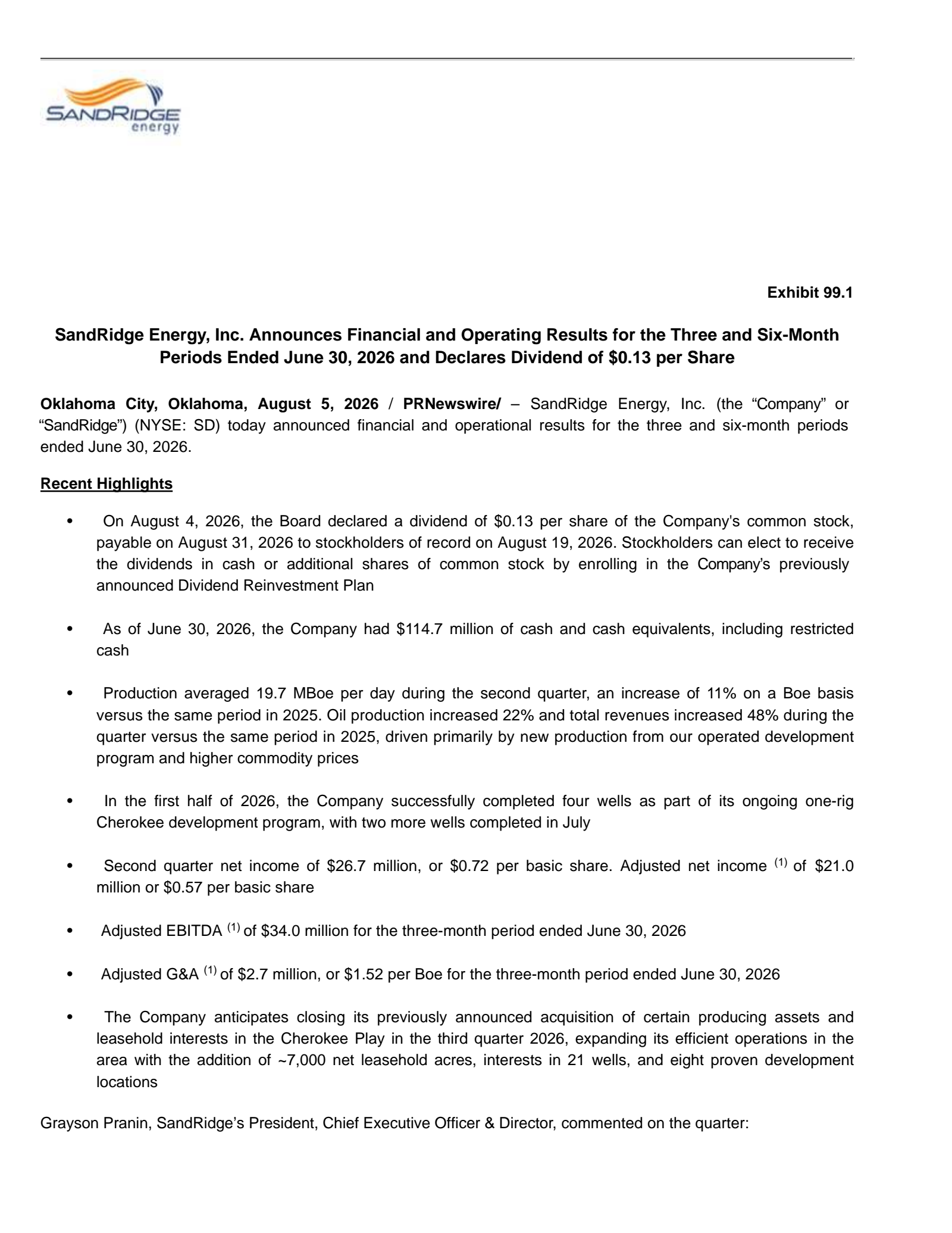 SandRidge Energy's Q2 2026 Press Release