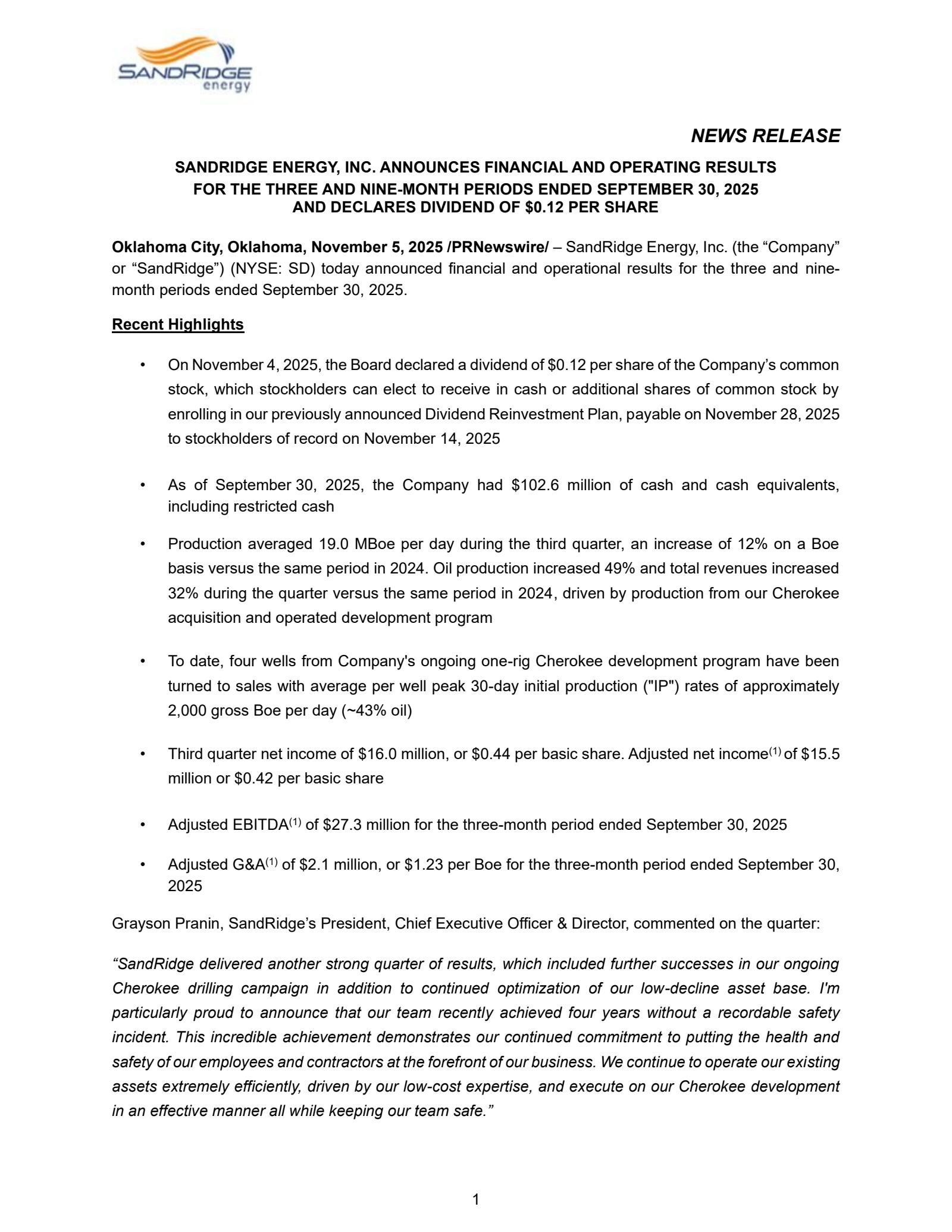 SandRidge Energy's Q3 2025 Earnings Release