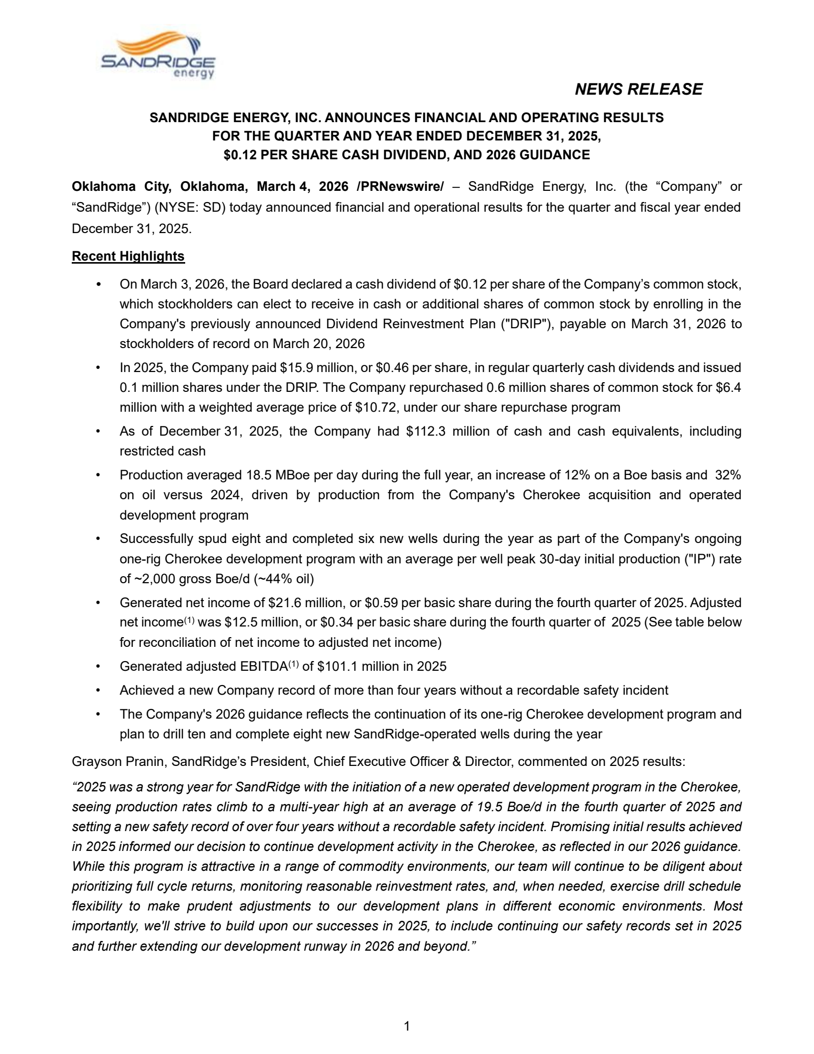 SandRidge Energy's Q4 2025 Press Release
