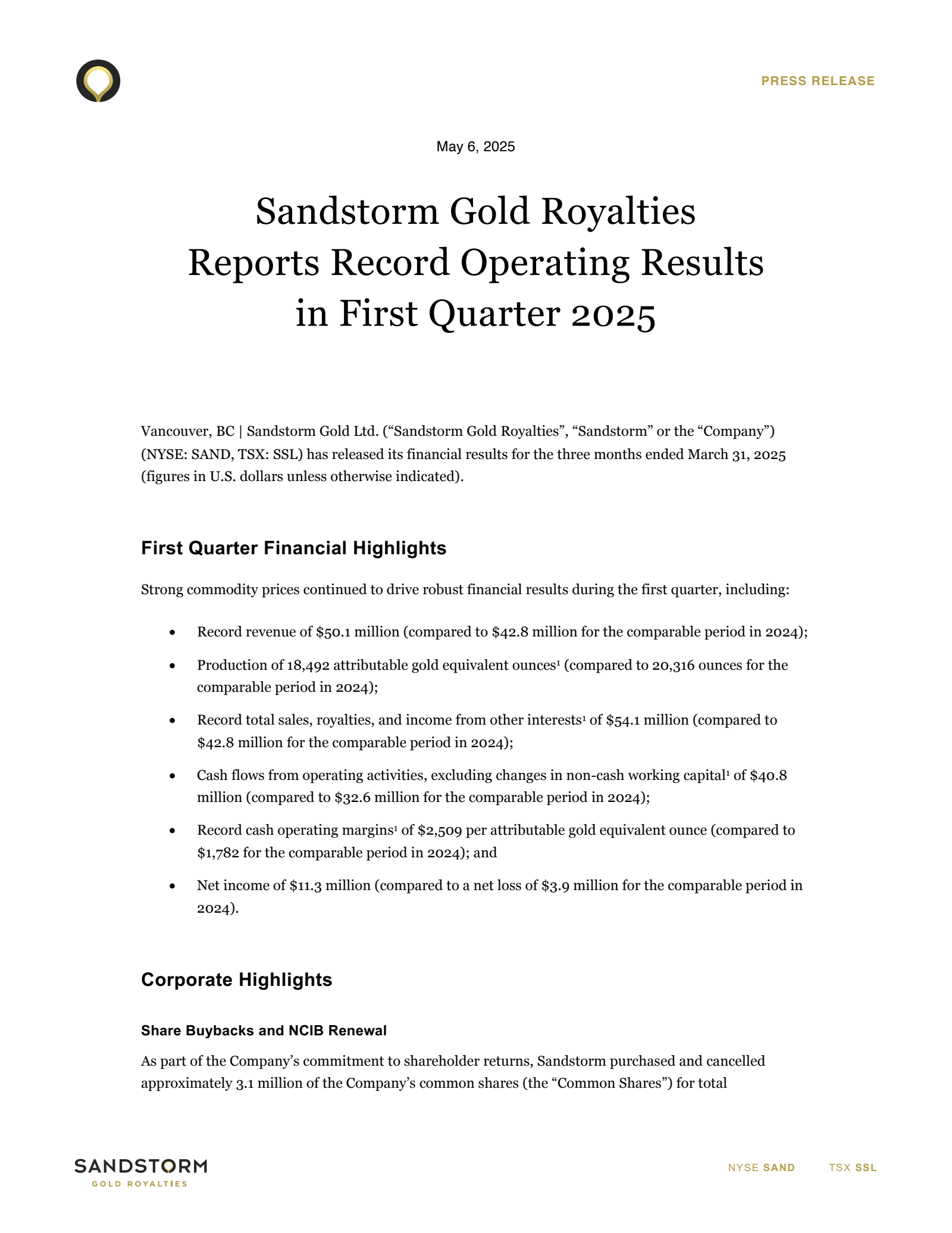 Sandstorm Gold's Q1 2025 Press Release