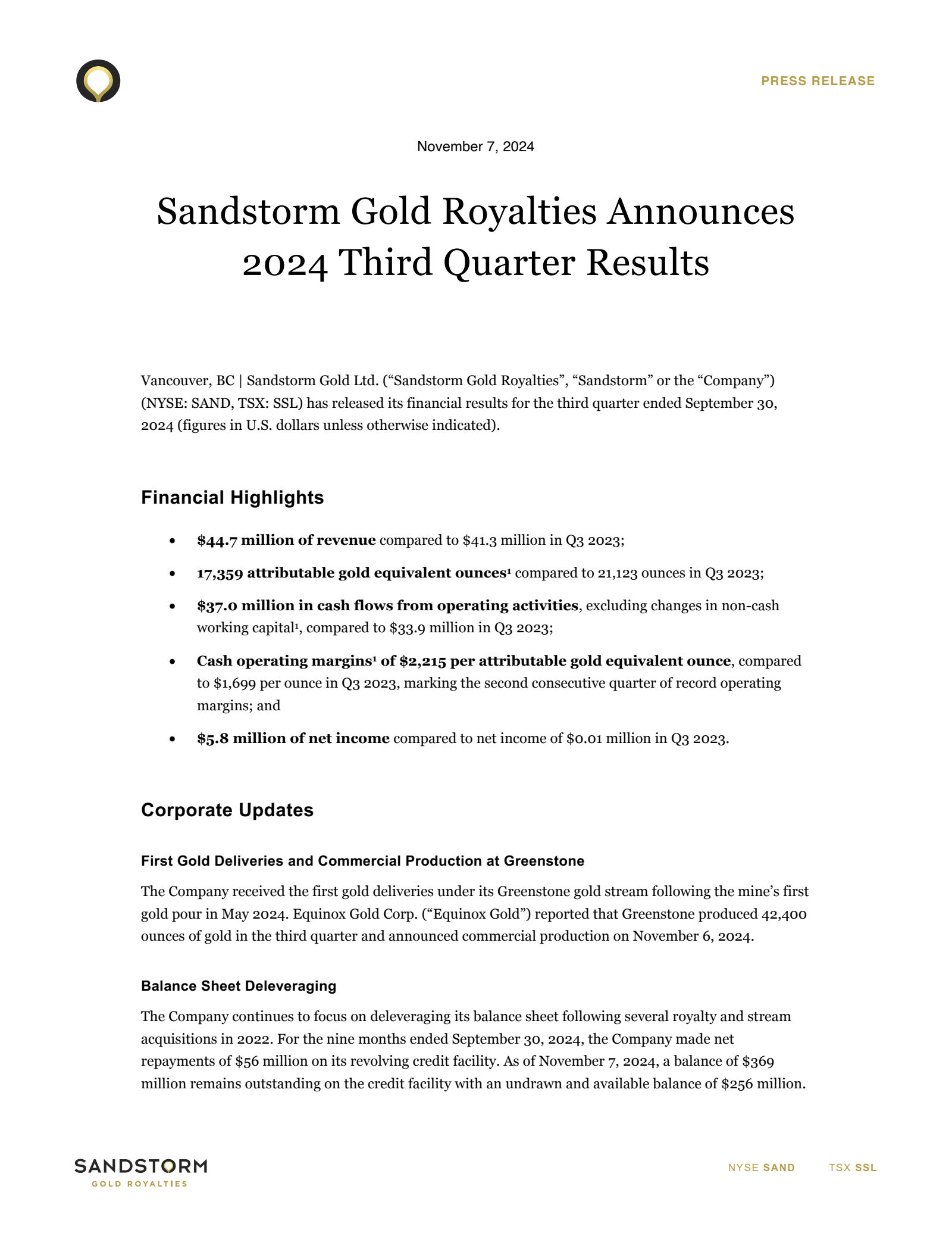 Sandstorm Gold's Q3 2024 Press Release