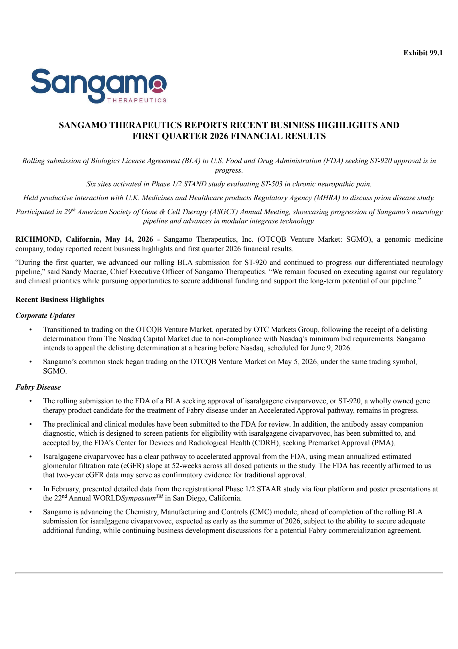 Sangamo Therapeutics' Q1 2026 Press Release