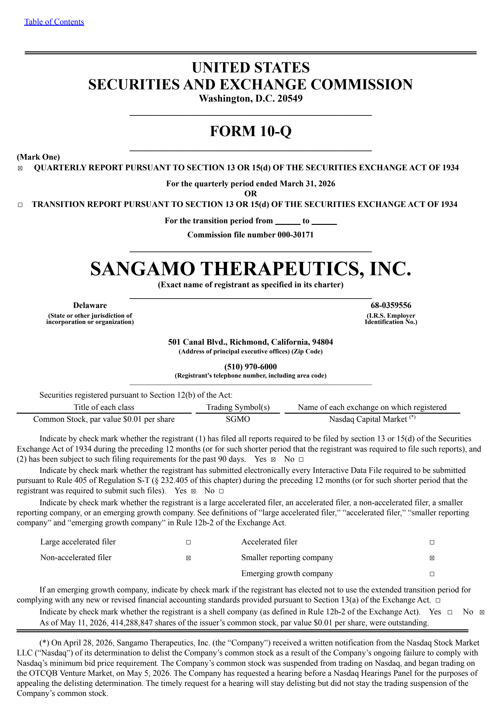 Sangamo Therapeutics' Q1 2026 Quarterly report