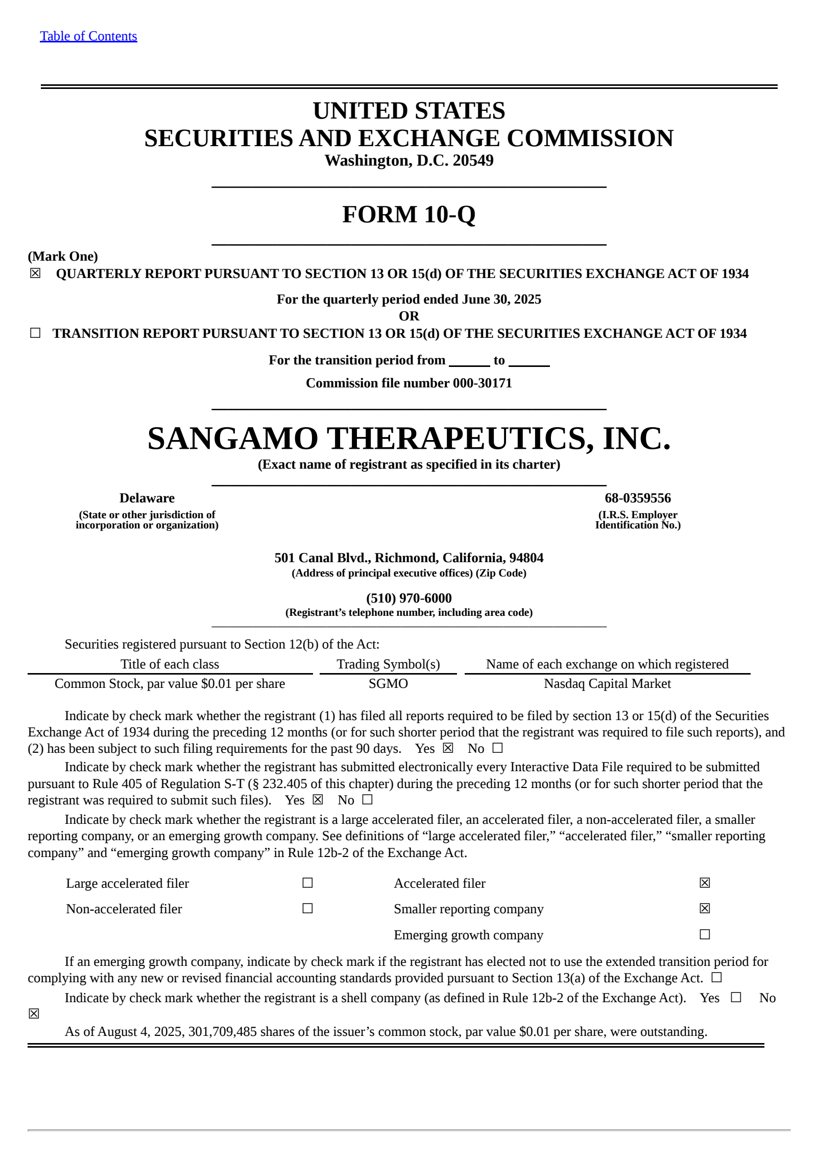 Sangamo Therapeutics' Q2 2025 Quarterly report