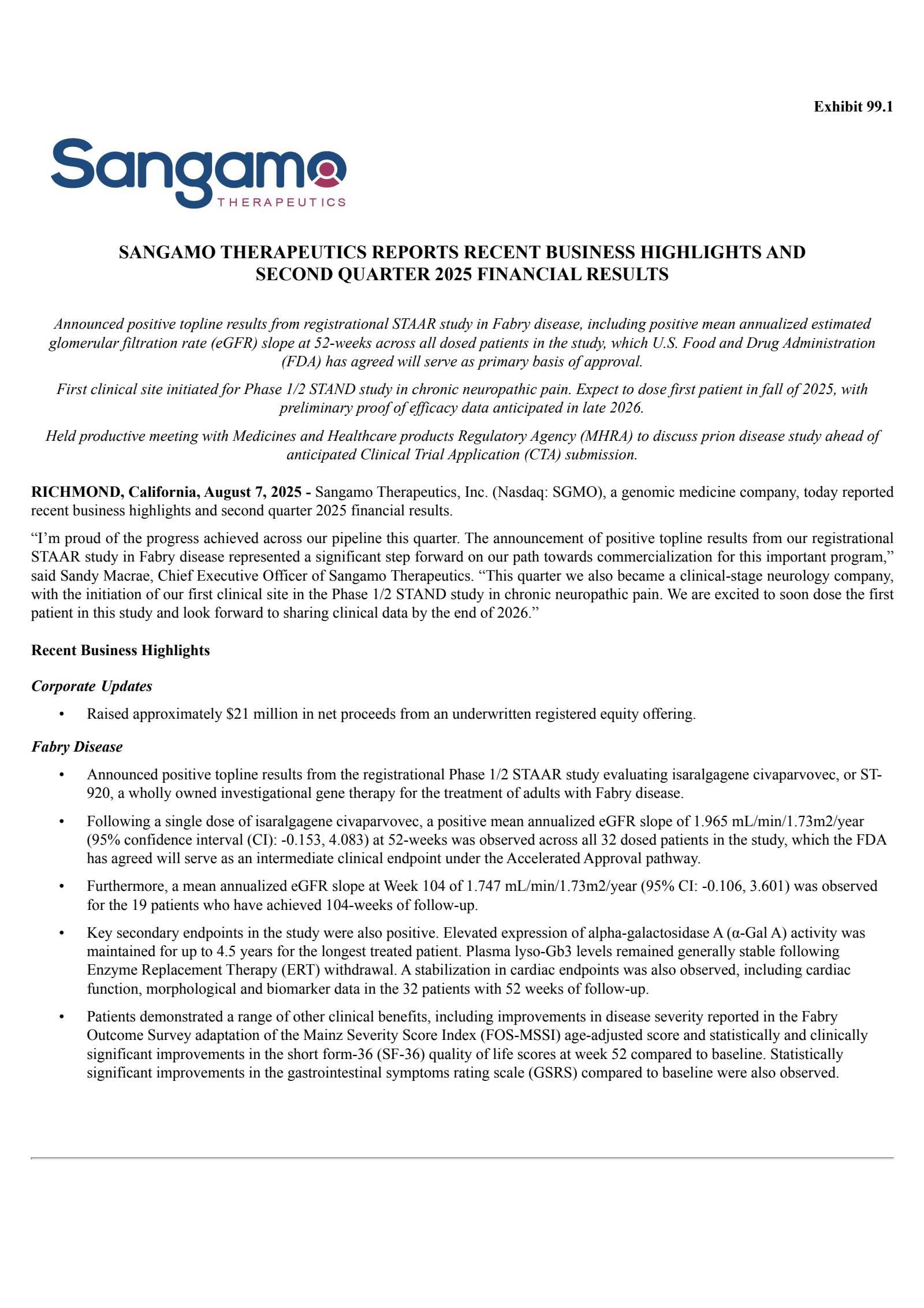 Sangamo Therapeutics' Q2 2025 Press Release