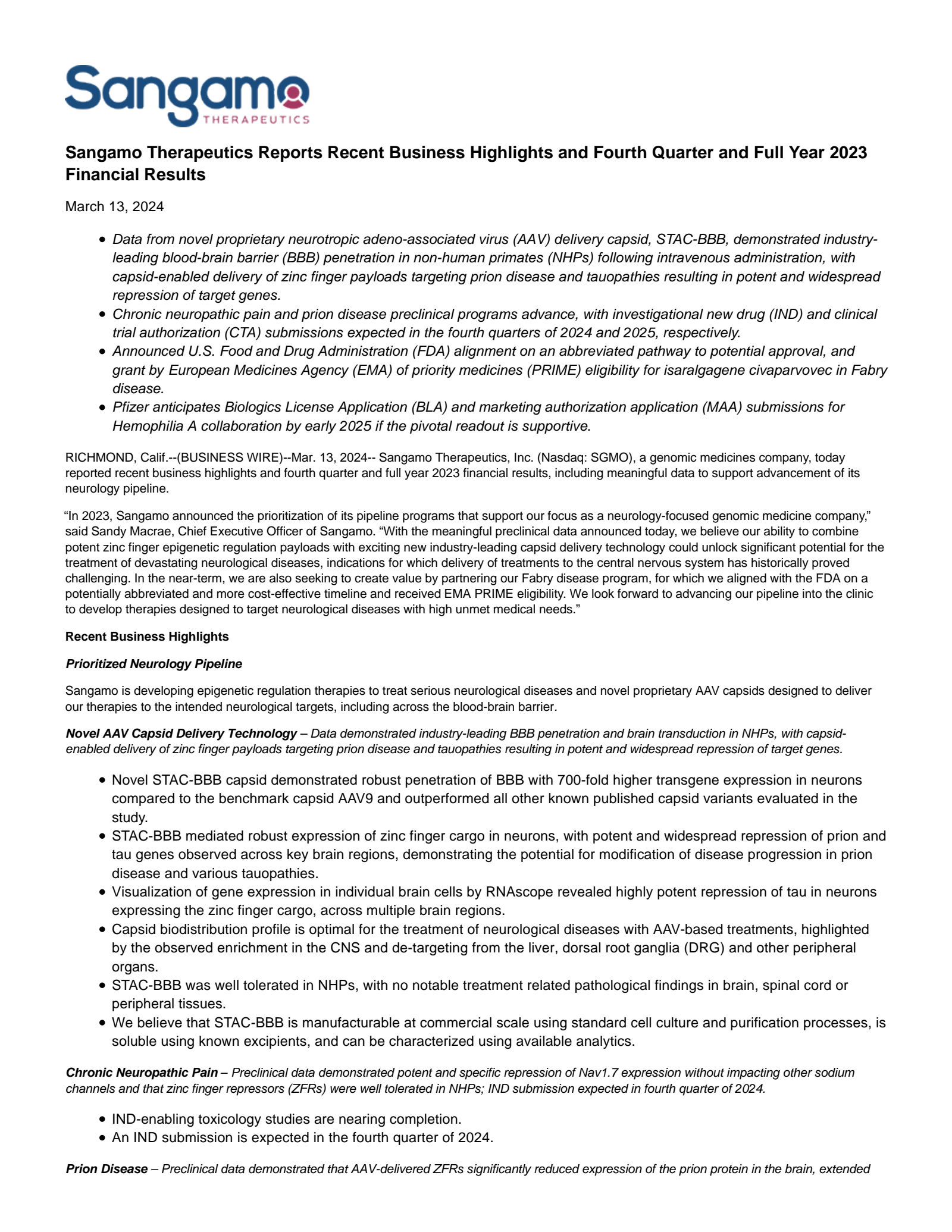 Sangamo Therapeutics' Q4 2023 Press Release