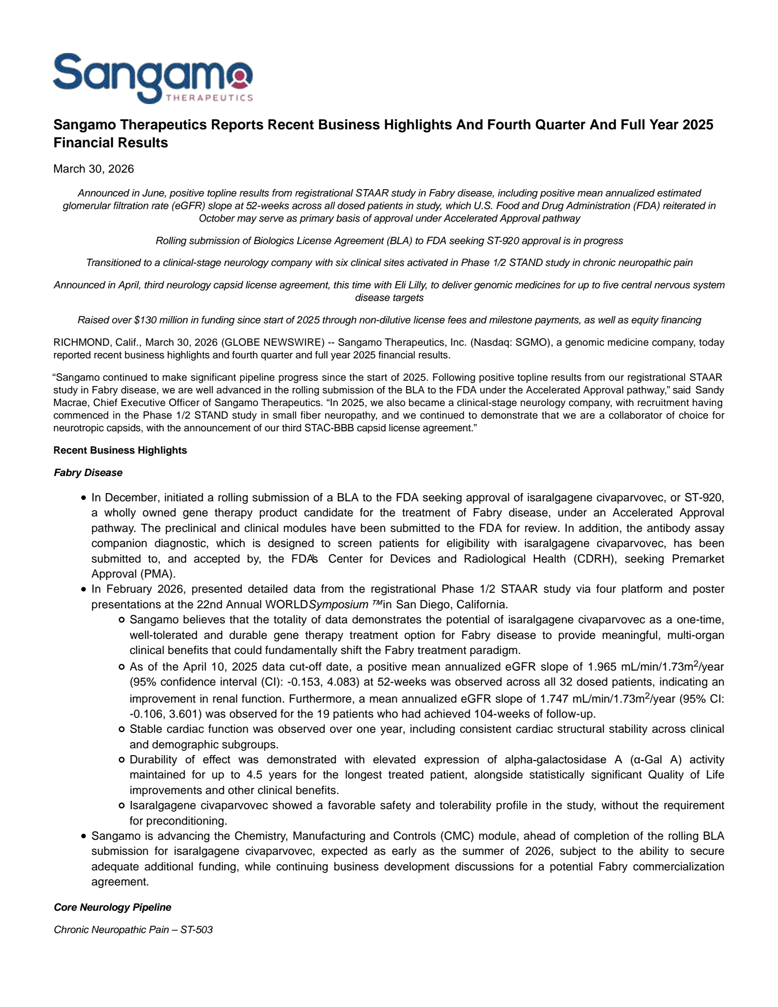 Sangamo Therapeutics' Q4 2025 Press Release