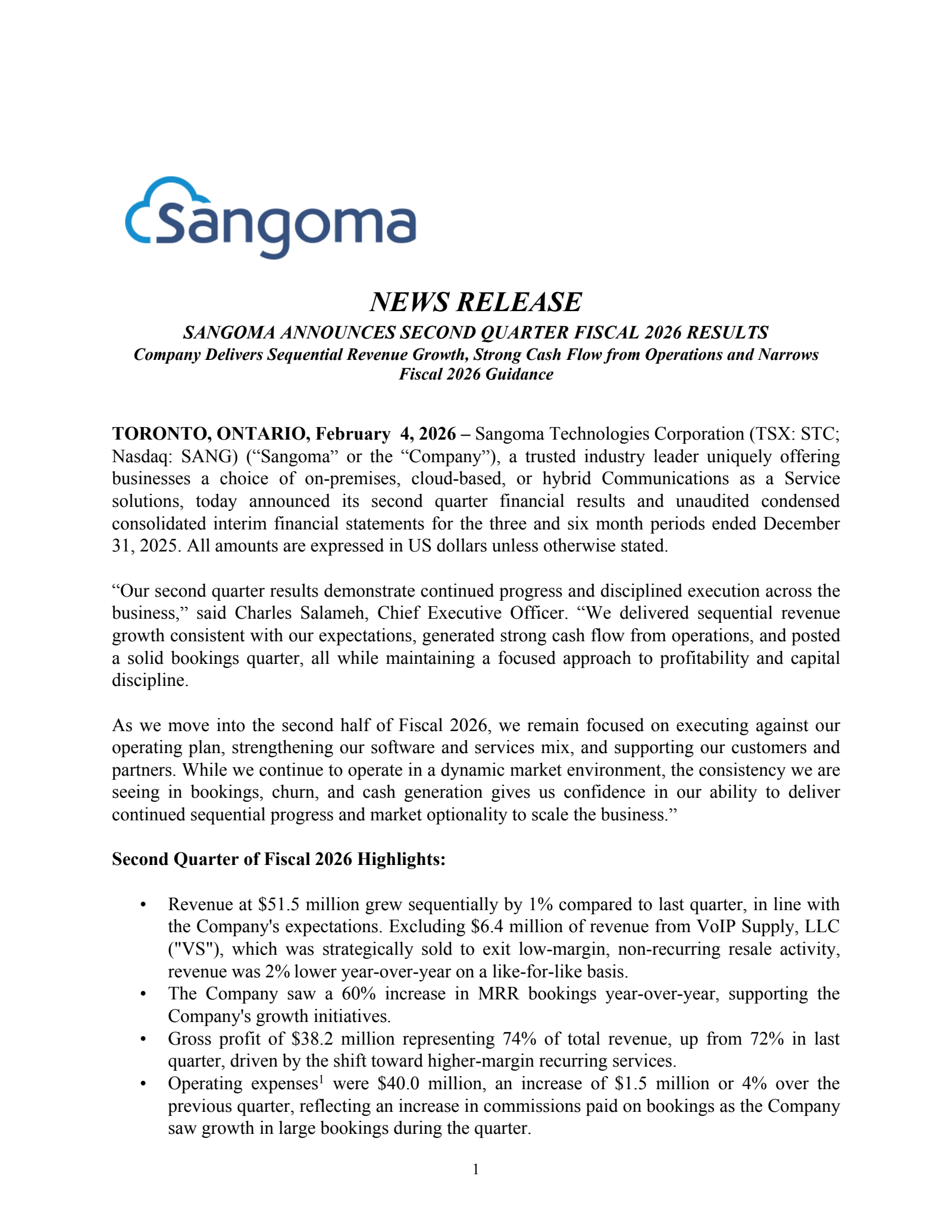 Sangoma Technologies' Q2 2026 Press Release